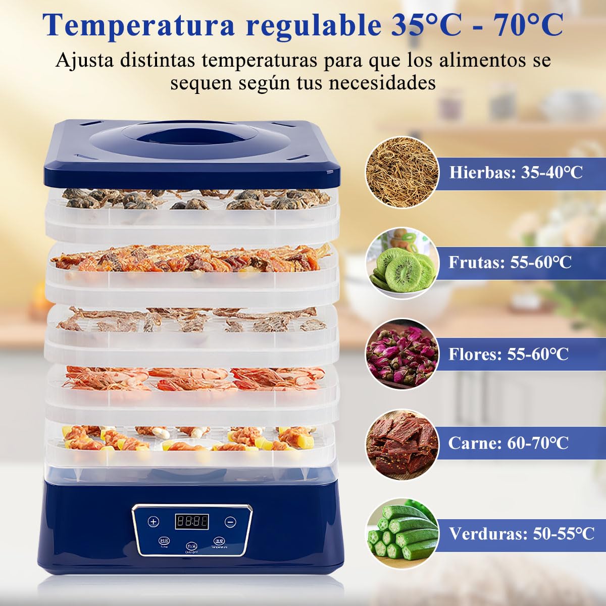 AHILAX Deshidratador de Alimentos Máquina Deshidratadora de Frutas y Verduras con 5 Bandejas, Secadora Eléctrico de Alimentos con Control de Temperatura Y Temporizador Ajustable para Carnes y Hierbas