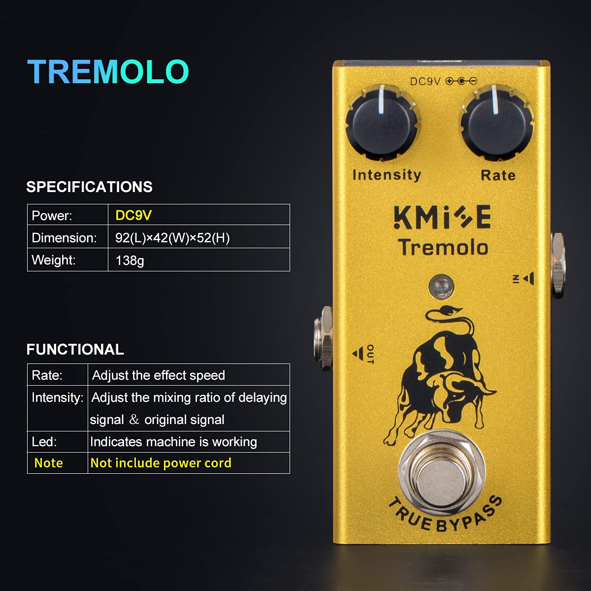 lotmusic Pedal de efectos de guitarra eléctrica Mini tipo único DC 9V True Bypass (Tremolo)