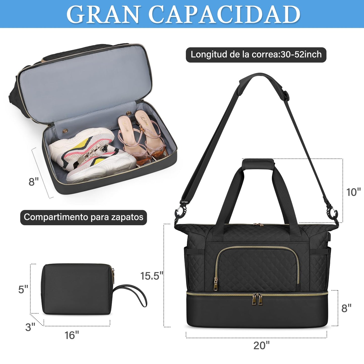 Bolsa de Viaje SDYSM Negro con Puerto USB y Compartimento para Zapatos para Hombre y Mujer