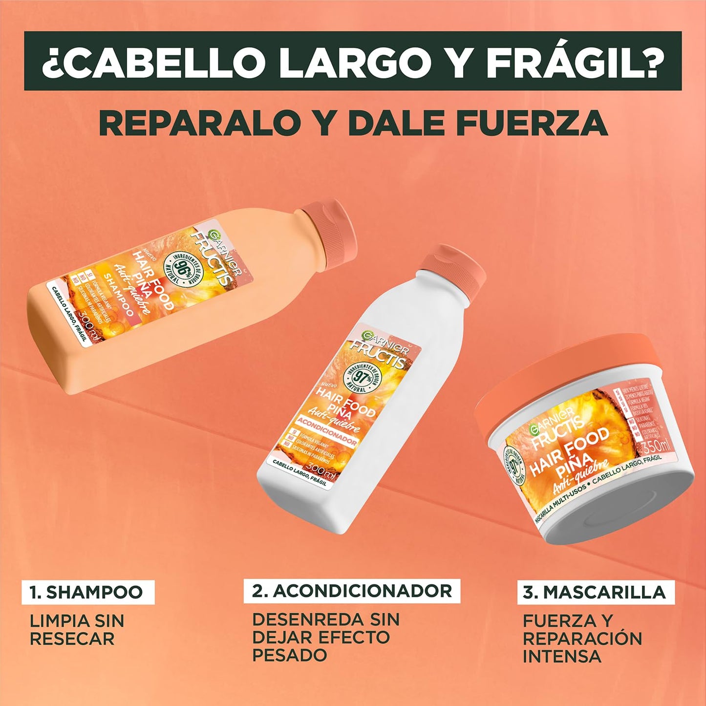 Kit Garnier Fructis Hair Food Piña Rutina Completa Anti-quiebre, Shampoo 300ml, Acondicionador 300ml y Mascarilla 350ml, 3 piezas