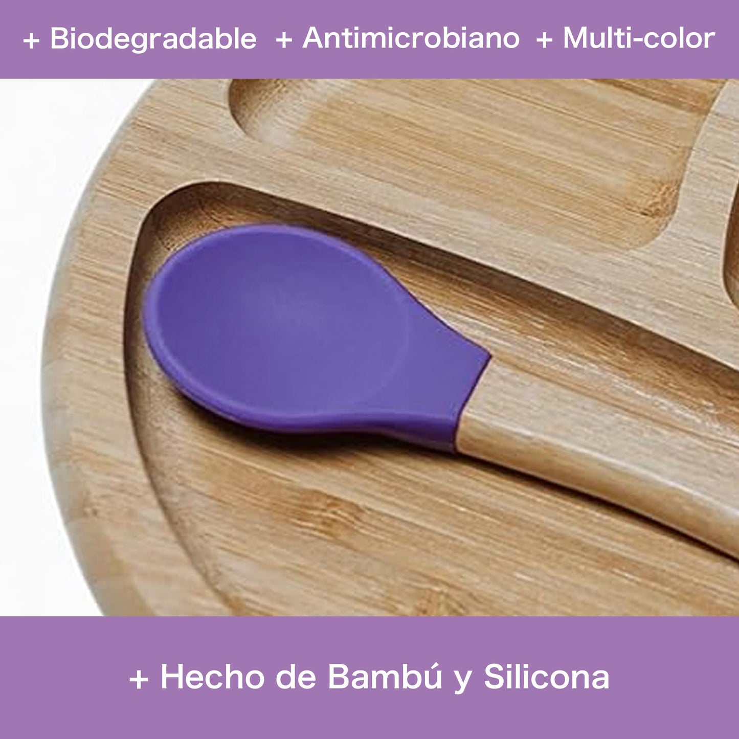 Ecowood® Plato Extendido de Bambú con Divisiones para Bebe y Niño - Con Base de Silicona Succión Adherente y Antiderrapante (Morado)