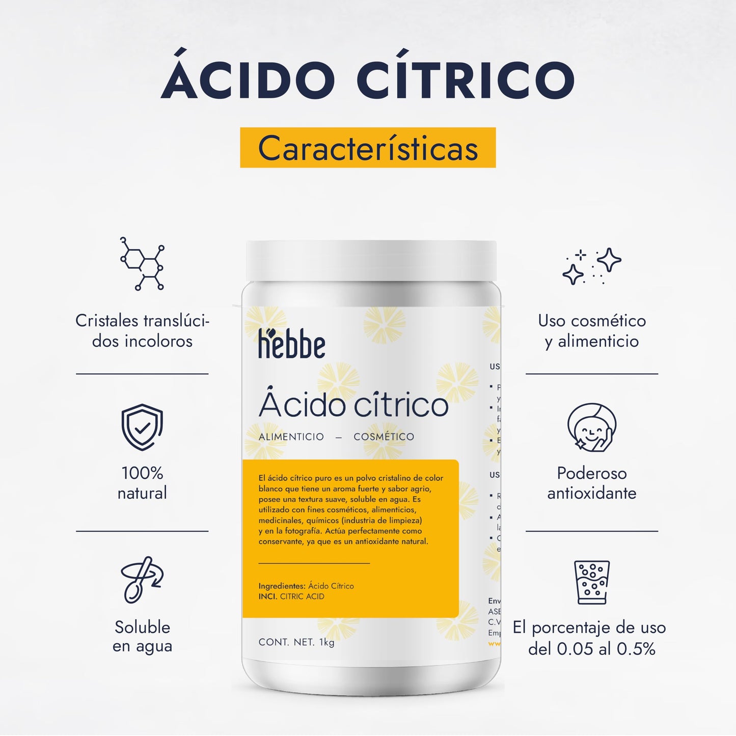 Hebbe | Ácido Cítrico | Reduce el pH, Antioxidante y Quelante | Poros Renovados y Piel Radiante | 1 kg