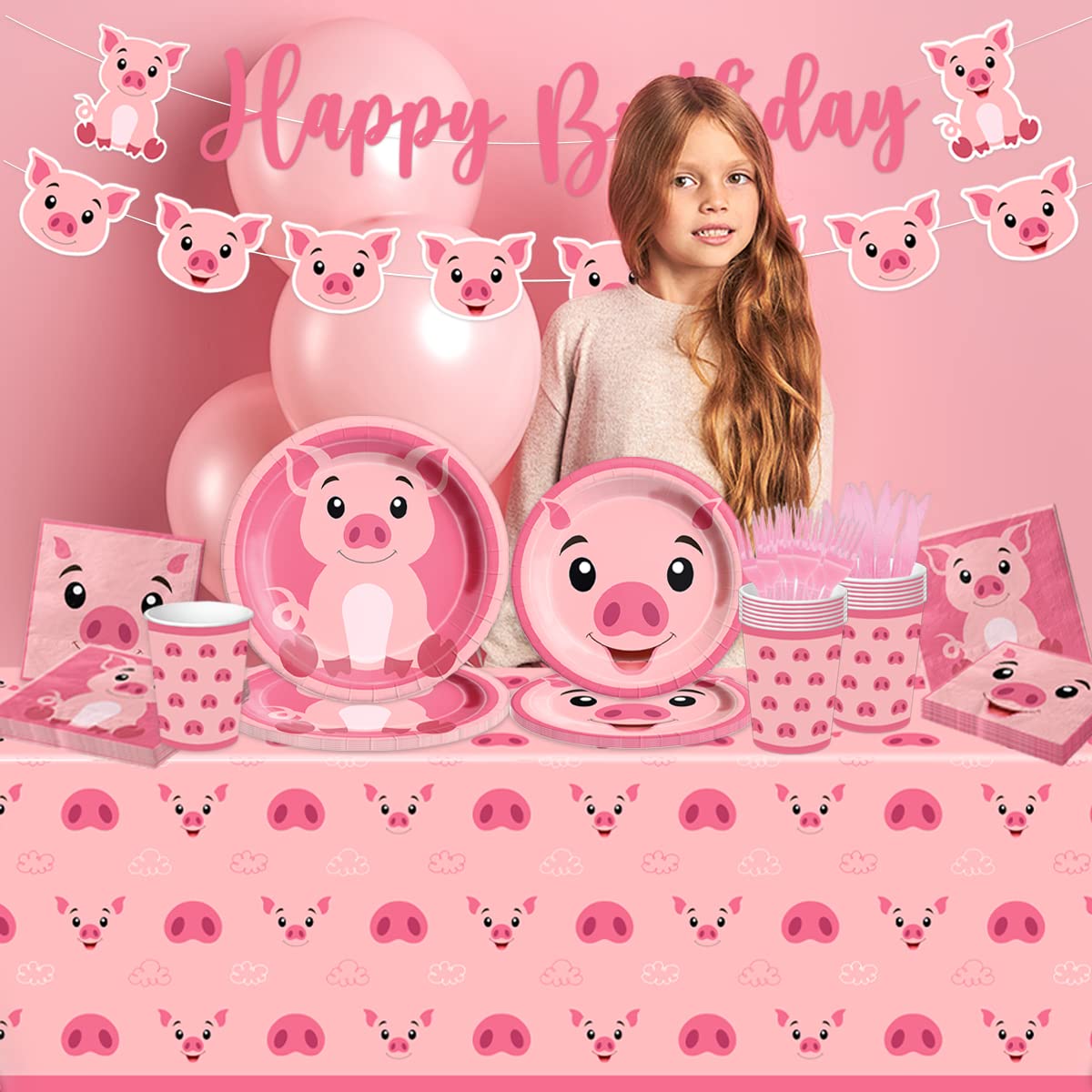 Juego de vajilla de cerdo para cumpleaños, 143 piezas, juego de vajilla de cerdo rosa para niños, juego de platos y servilletas con temática de cerdo, suministros de fiesta de cumpleaños para 20