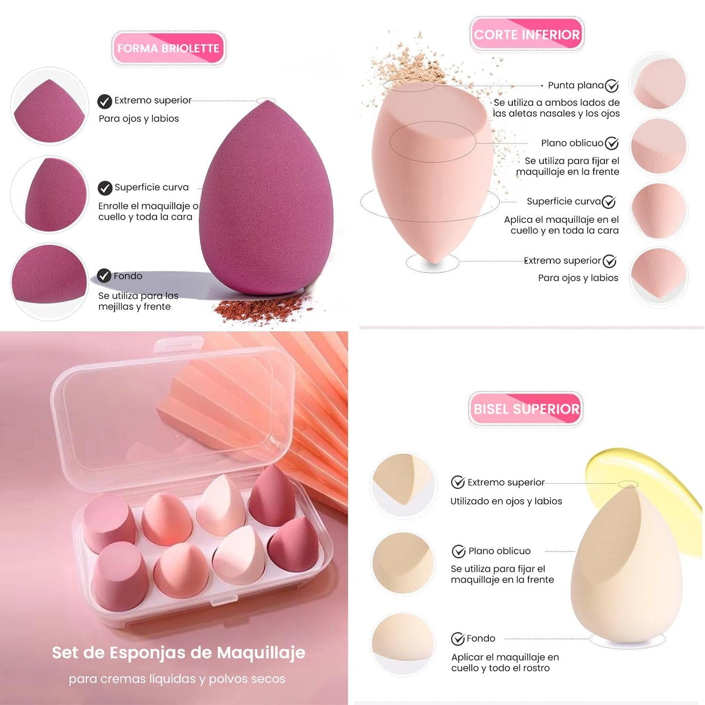 Esponja maquillaje beauty blender, set de 8 piezas, varias formas, uso húmedo y seco, ideal para maquillaje facial. Completa tu rutina con estas esponjas faciales de alta calidad en color rosa.