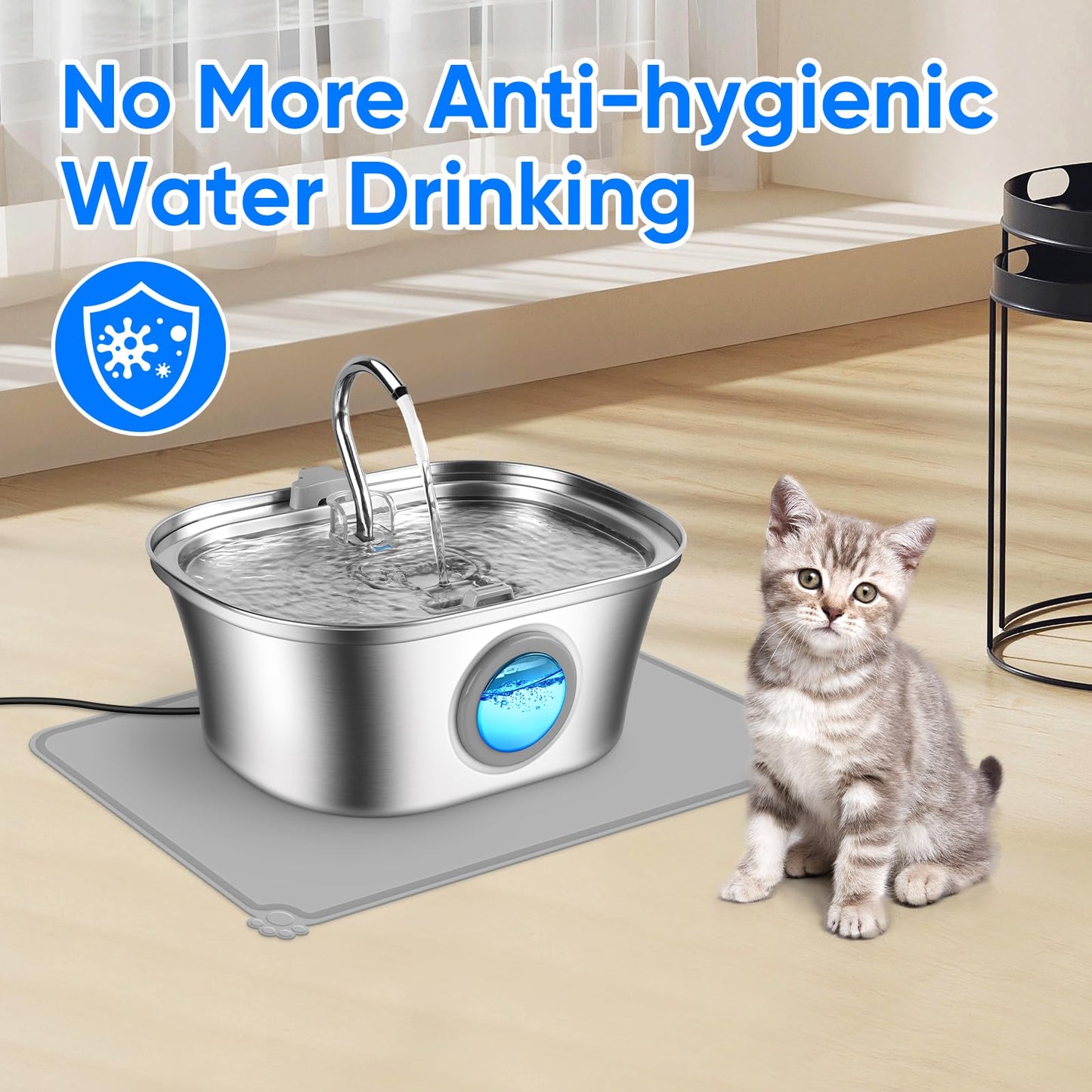 Fuente de agua para gatos con ventana de nivel de agua, fuente de agua para mascotas de 110 oz/3.2 l para gatos/perros en el interior, acero inoxidable 304, apta para lavaplatos con bomba de bajo ruido, sistema de filtración