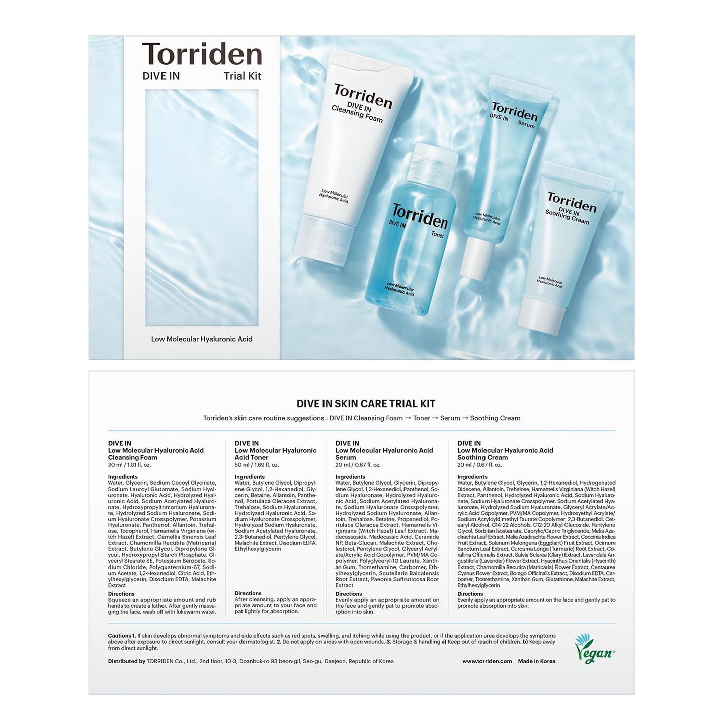 Torriden- Kit de prueba DIVE-IN, kit de cuidado diario de la piel con infusión de ácido hialurónico: régimen de 4 pasos con limpiador en espuma, F
