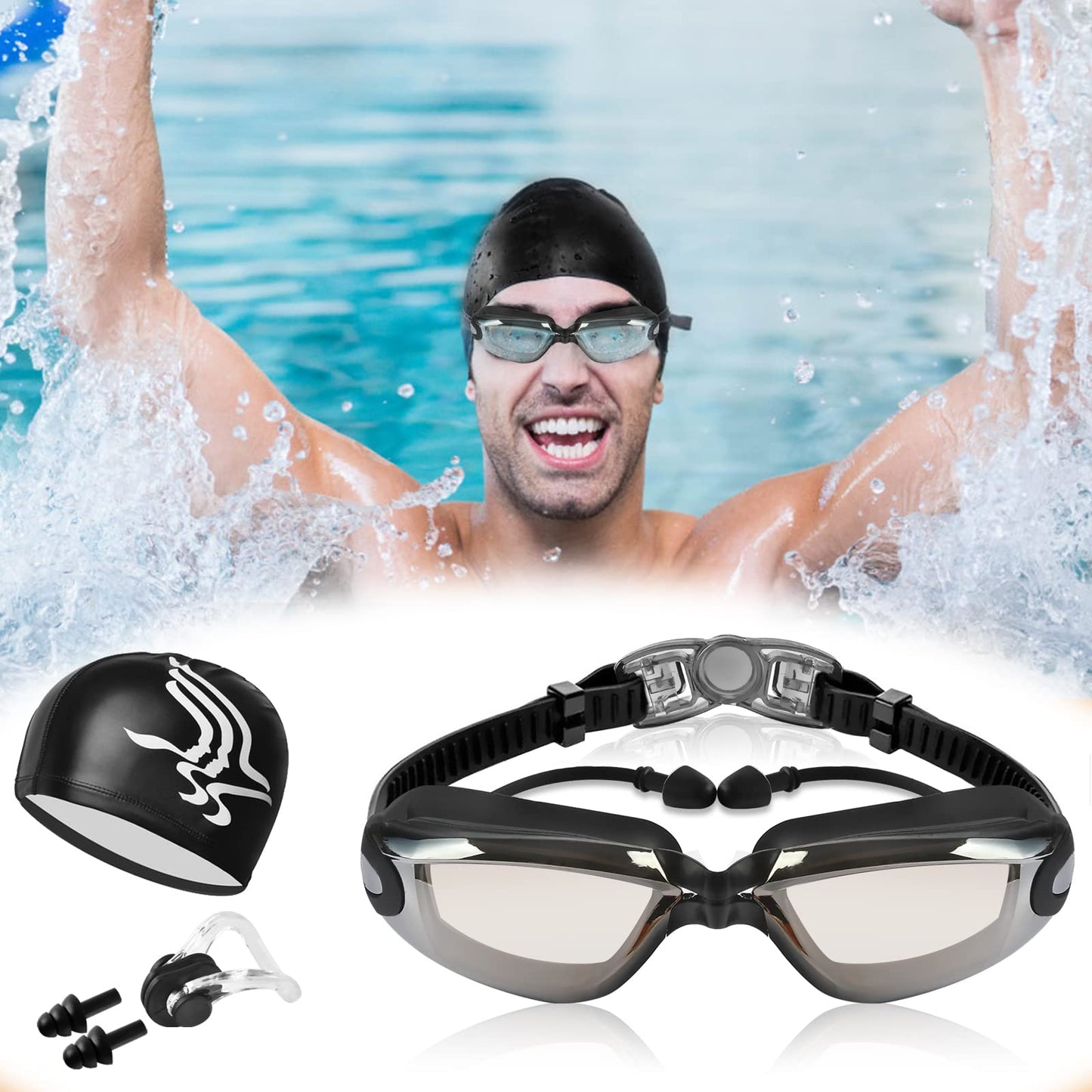 Gafas de Natación, Kit de Natación 5 en 1, Incluye Gafas de Natación, Gorro de Natación, Auriculares y Clips para la Nariz, Bolsa de Natación, Adecuado para Hombres y Mujeres Adultos y Niños Negro