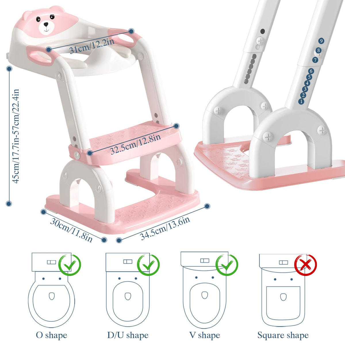 CUXFLS - Asiento de entrenamiento para niños pequeños, altura ajustable 2 en 1, escalera de inodoro para niños y niñas, con protector contra salpicaduras, cojín impermeable, almohadilla antideslizante