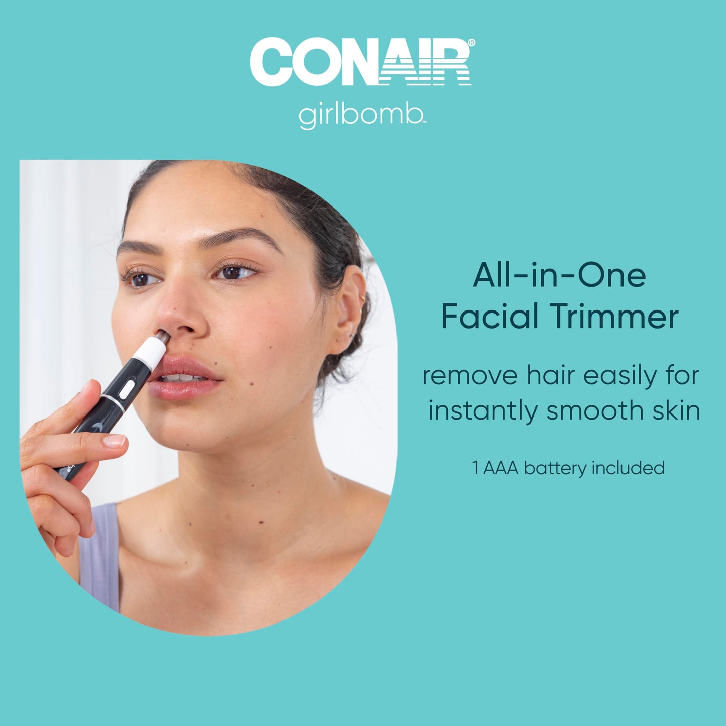 Conair GIRLBOMB - Recortadora de pelo facial todo en 1 para mujer, kit de 9 piezas con 2 dermatidas, perfecto para cara, oreja/nariz y cejas, alimentado por batería