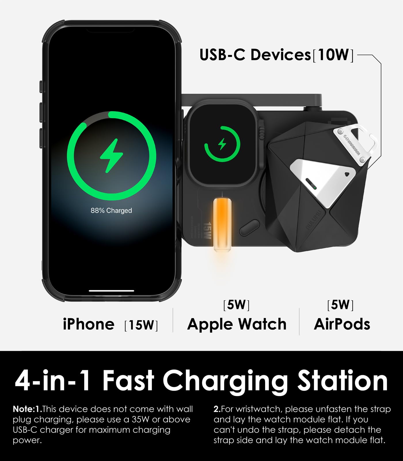 Aulumu para MagSafe - Soporte de Carga inalámbrica Compatible con estación M01 4 en 1 | Cargador inalámbrico magnético Plegable de 15W con certificación Qi2 para iPhone 16 y Apple.
