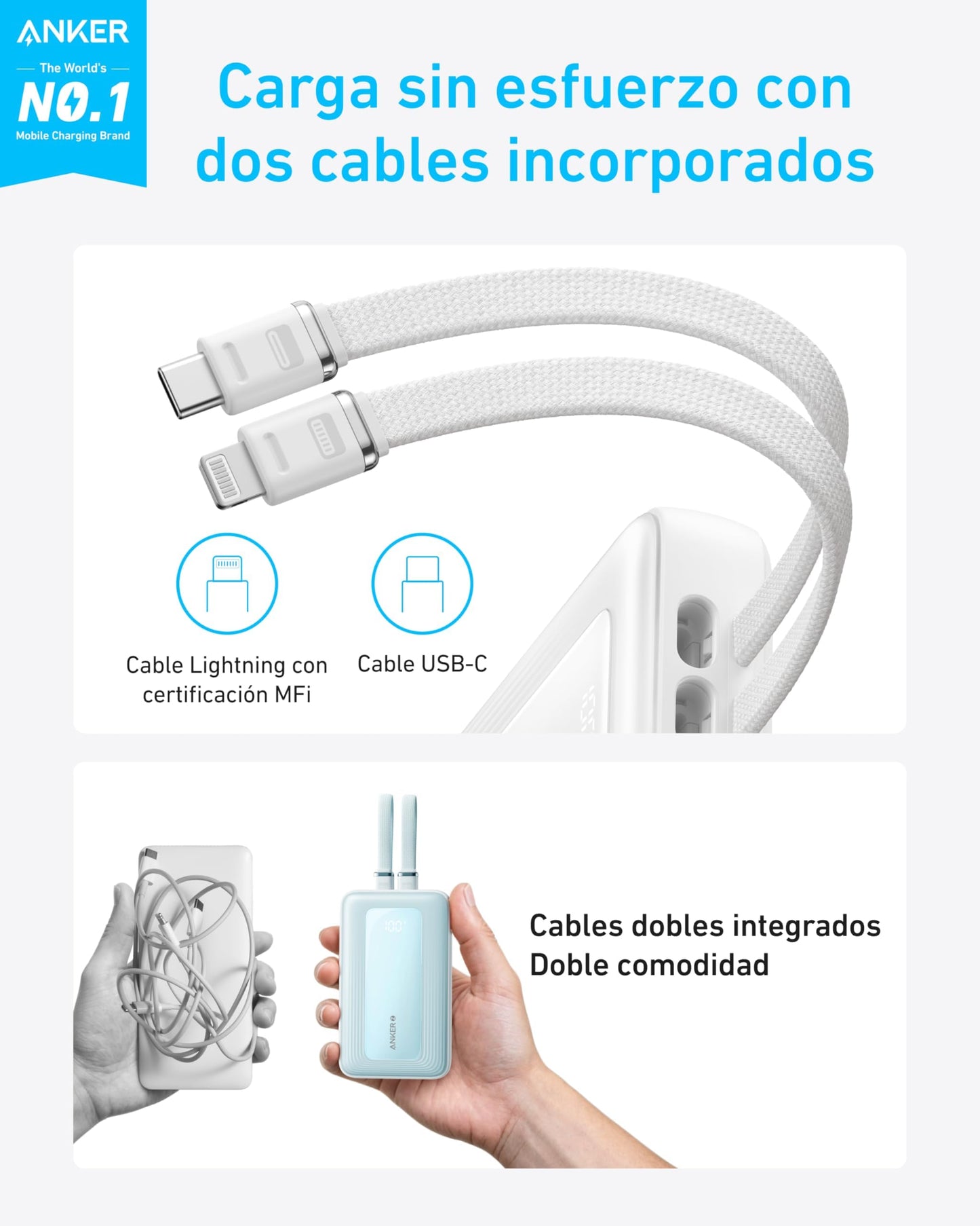 Power Bank Anker Zolo Negro Integrado Carga Rápida 30W para iPhone y Samsung