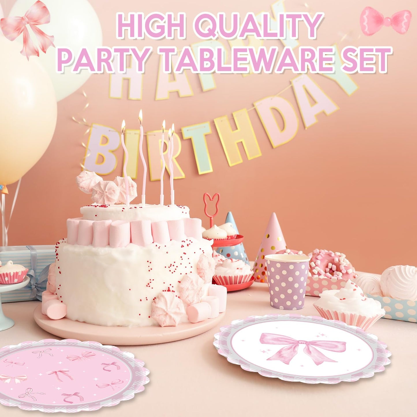 Funhax - 32 piezas de moño rosa para decoración de cumpleaños con lazo rosa, decoración de fiesta de cumpleaños, platos de papel para niña, coqueta, baby shower, suministros de fiesta de boda