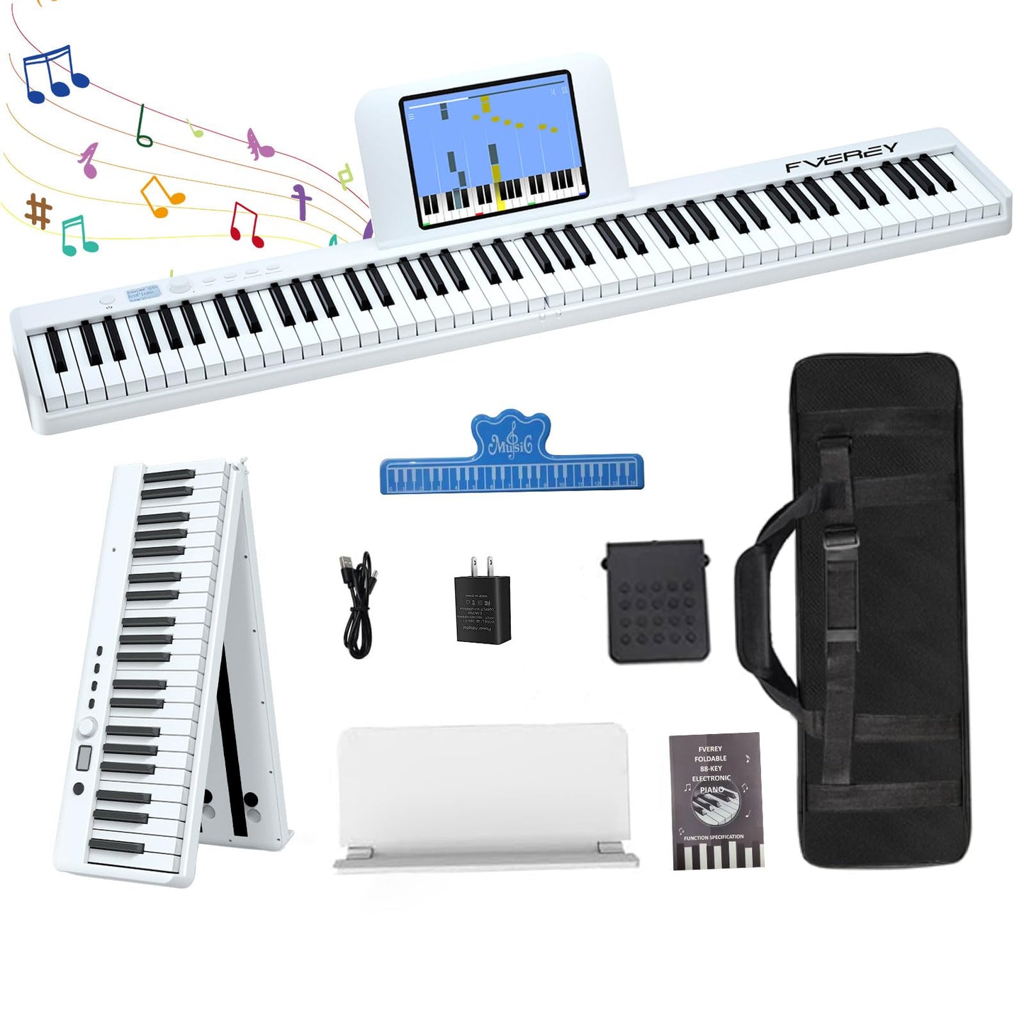 FVEREY Teclado de piano plegable de 88 teclas, teclado semipesado de tamaño completo, teclado musical portátil de piano de viaje, soporte MIDI Bluetooth piano eléctrico para principiantes, blanco