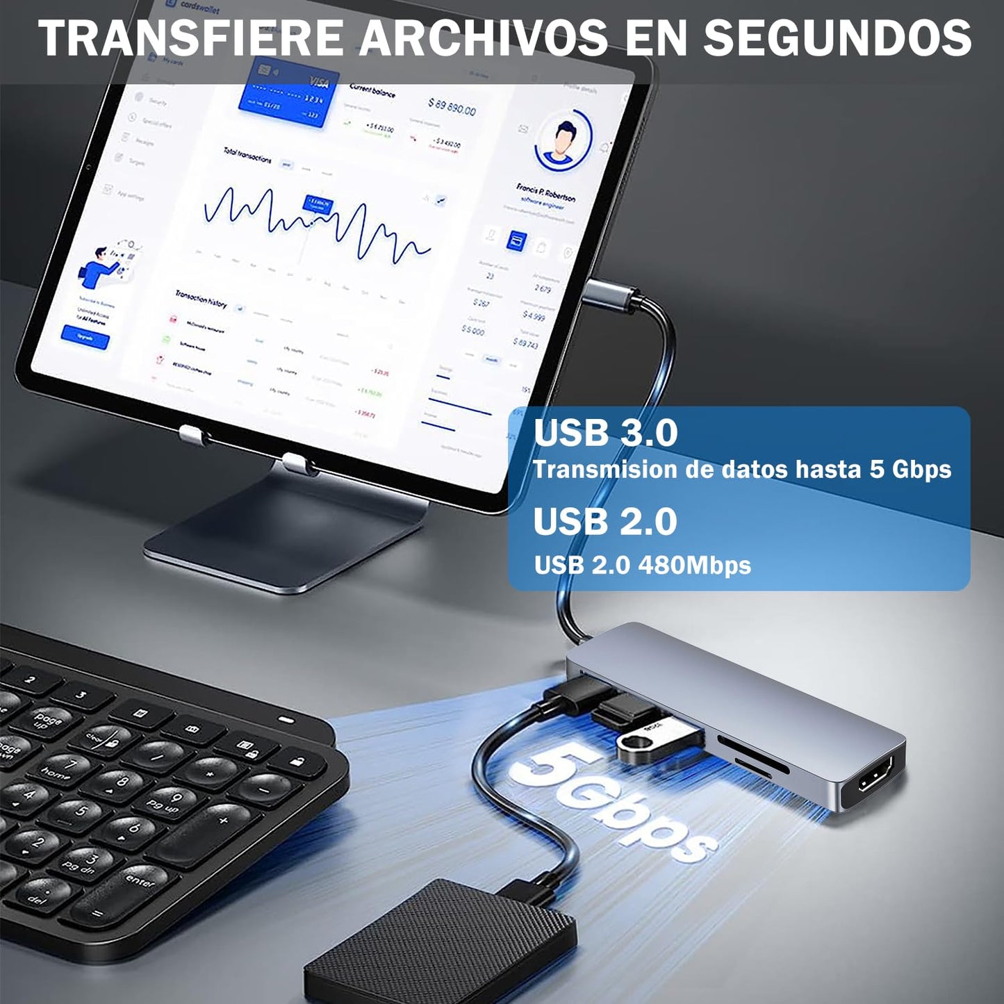Hub USB C 6 en1, Adaptador Multipuerto USB C para MacBook Pro, USB C Hub a HDMI 4K con 3 Puertos USB Lector de Tarjetas SD/Micro SD Compatible con MacBook Air, iPad Pro, XPS y Más Dispositivos Tipo C