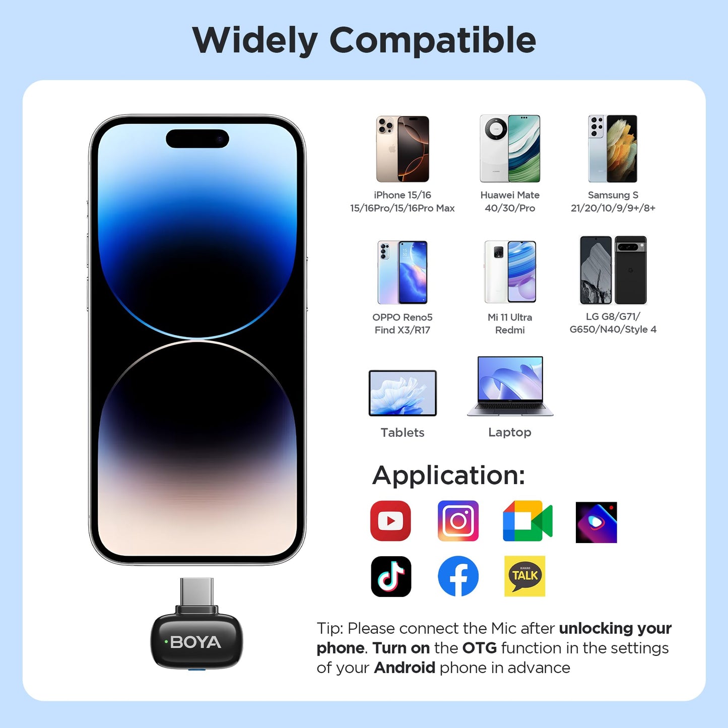 BOYA Mini 17 Micrófono de Solapa inalámbrico Profesional para teléfonos Android y portátiles Puerto Type-c para Vlogging, Podcasting, Blogging, Youtube Live Streaming Negro