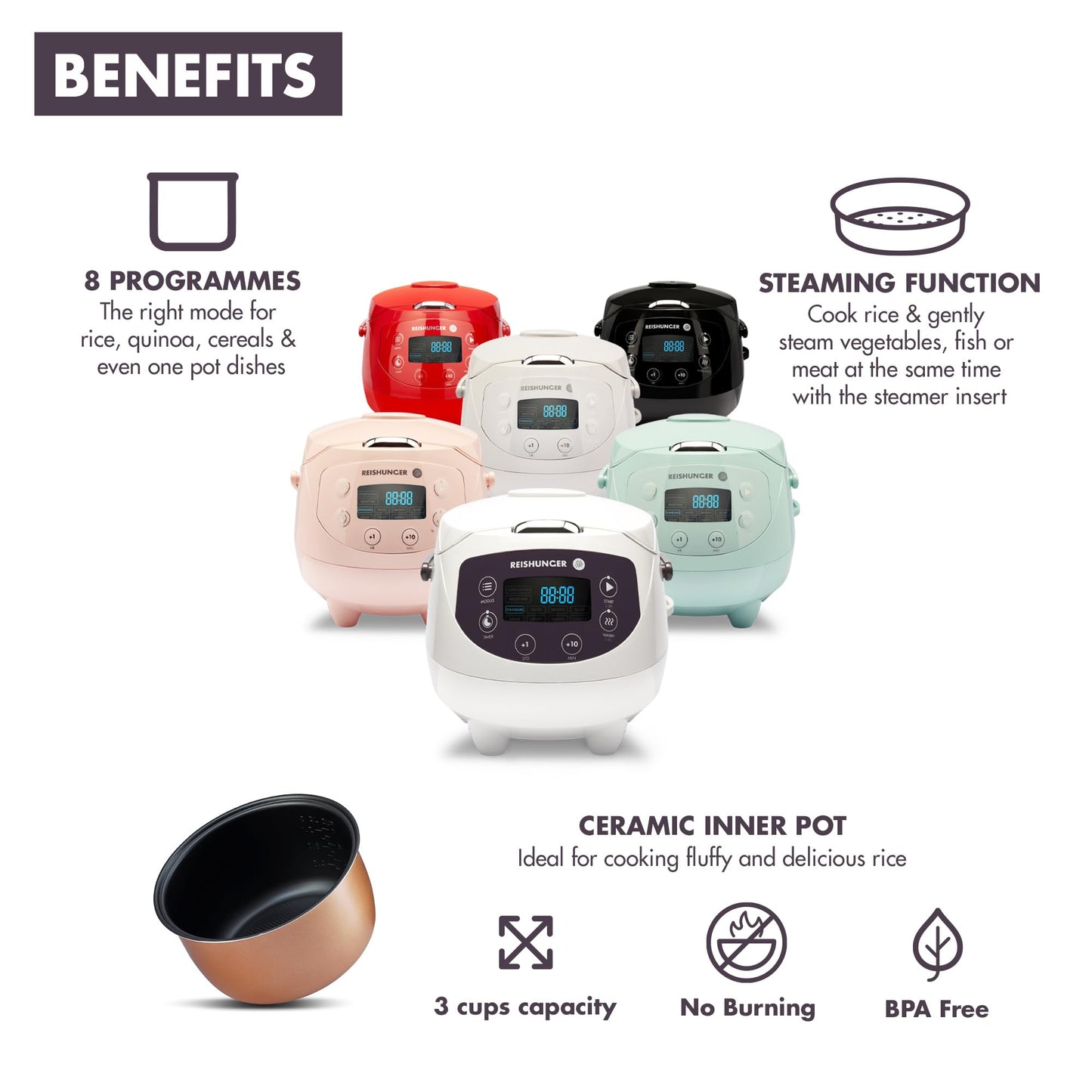 Olla de Arroz Mini Reishunger blanca con Temporizador y Función Calor 8 Programas Olla Interior Premium