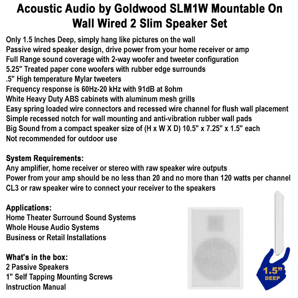 Acoustic Audio by Goldwood SLM1W - Altavoces Delgados montables en Pared para Cine en casa (2 Unidades), Color Blanco