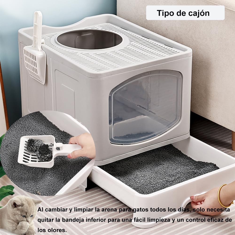Arenero/Inodoro para Gato con Pala de Plegable, Caja de Arena para Gatos Removibles 51*44*41cm con Puerta Superior&Puerta Lateral Móvil de dos Direcciones, Antiolor y a Prueba de Salpicaduras (Azul)