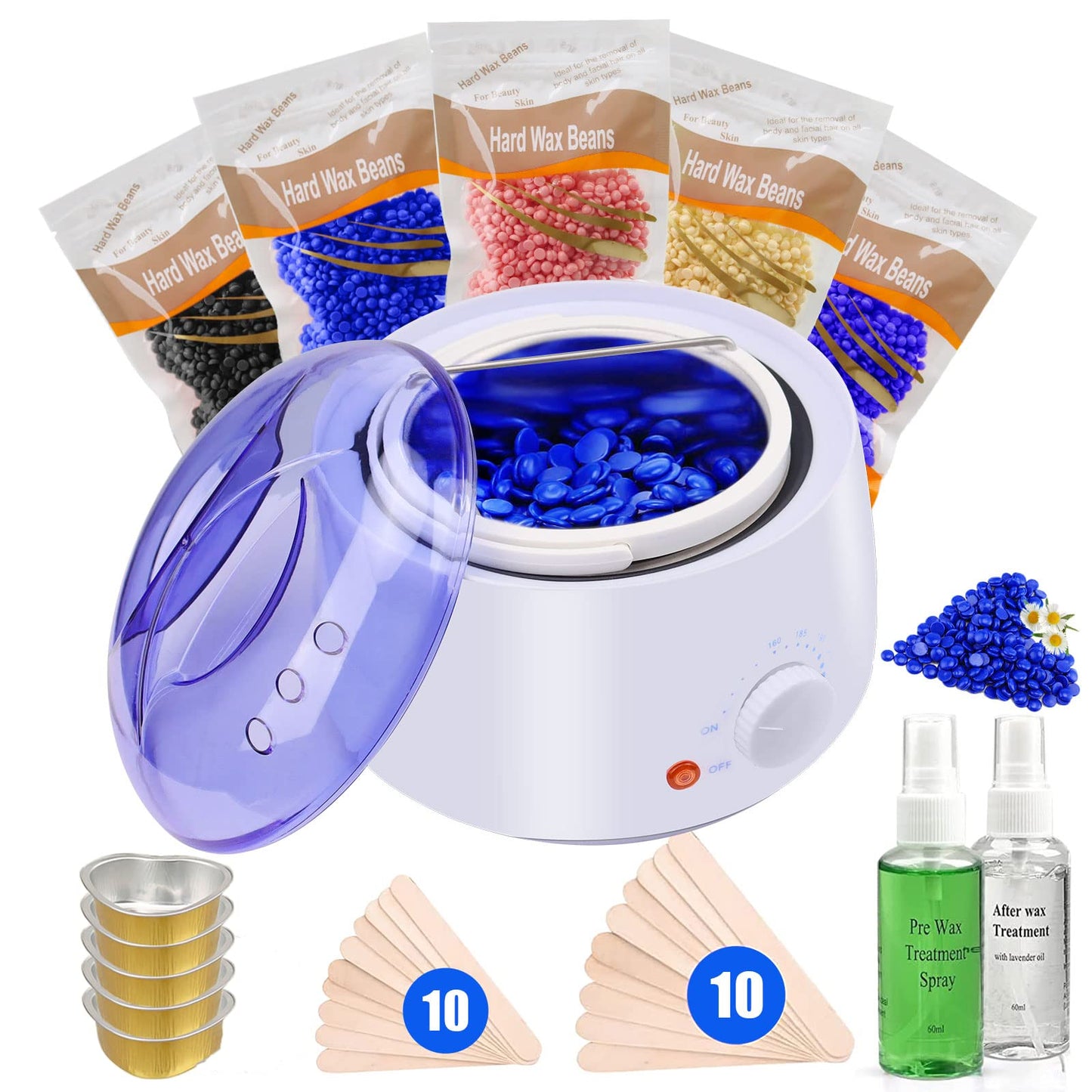 Cera para Depilar, Cera Depiladora con 500g Perlas de Cera Dura, Kit Cera Española para Depilar para Cejas | Bikini, Piernas, Axilas y Más, Calentador de Cera Eléctrico para Depilación con 20 Espátulas y 2 Frascos de Spray Tratante (Blanco)