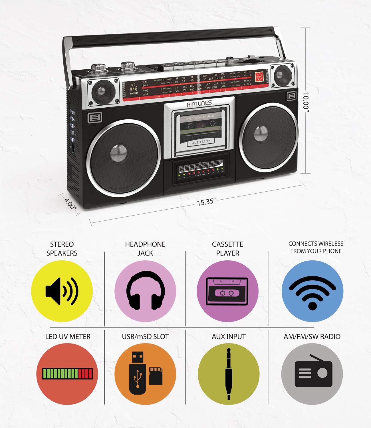 Boombox Riptunes Negro Estilo Clásico con Reproductor de Cassette y Radio AM/FM para Hombre