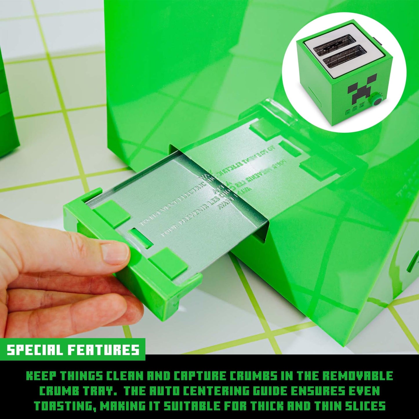 Minecraft Green Creeper Tostadora de 2 rebanadas para panecillos, gofres y panes, cuenta con 6 ajustes con opción de descongelación, símbolo de enredadera en pan