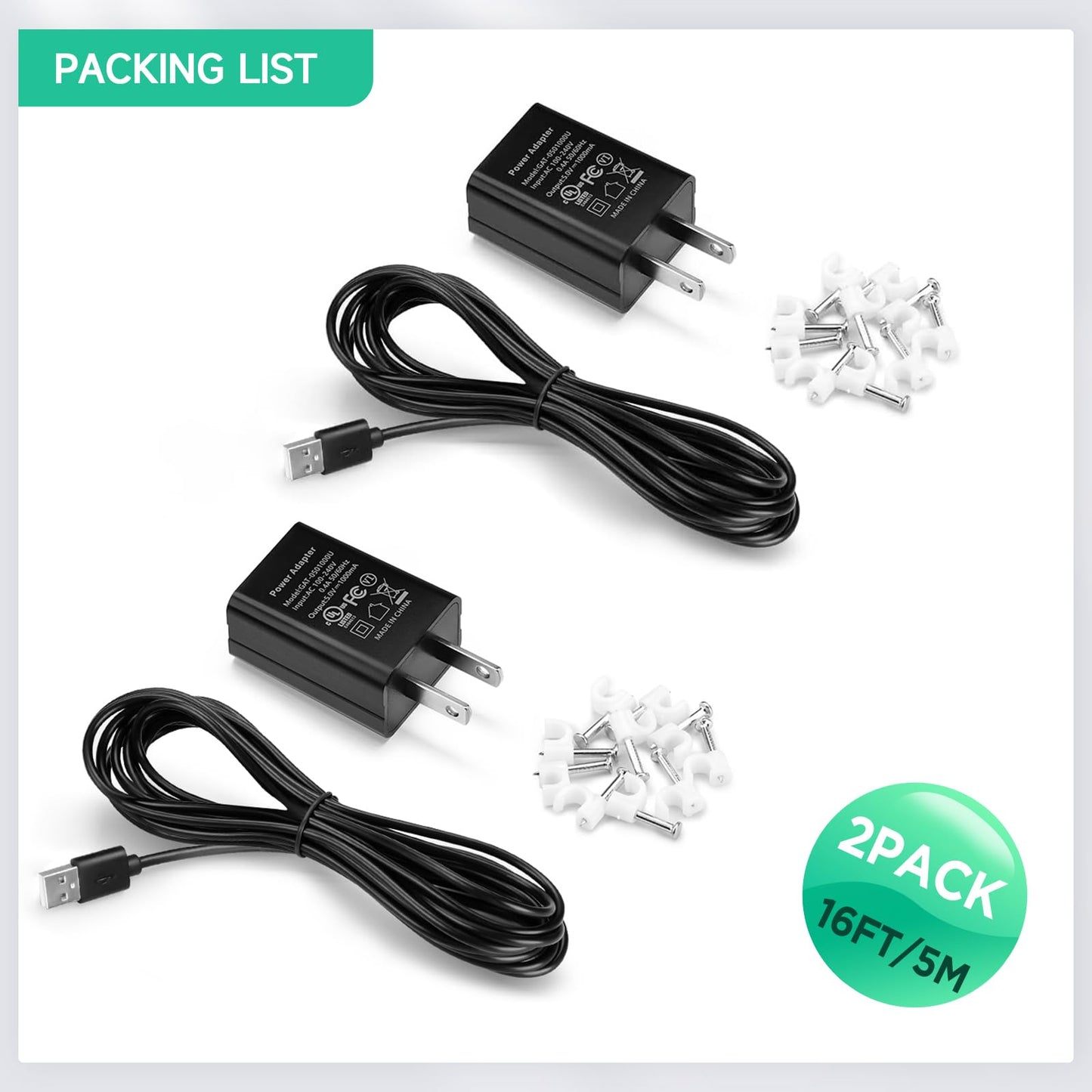 OLAIKE 5 m/ 16 pies (Paquete de 2) Cable de Carga Resistente a la Intemperie para Stick Up CAM Battery/Plug-in y Spotlight CAM Battery y Soporte para inclinación y Vista panorámica, Negro