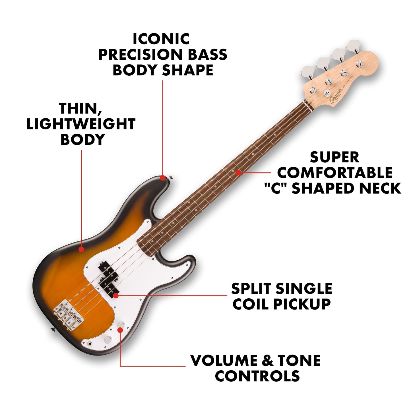 Debut Collection™ Precision Bass®, Laurel Fingerboard, White Pickguard, 2-Color Sunburst