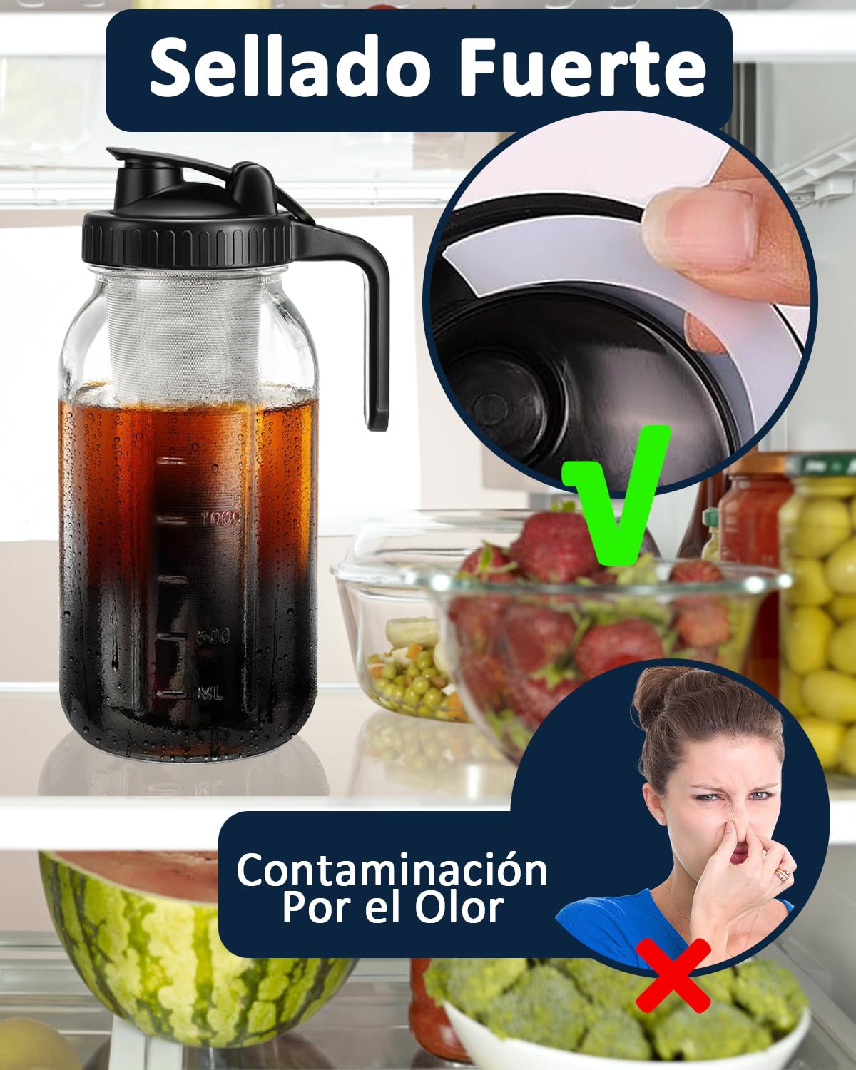 Cafetera Cold Brew Wexlerey Vidrio 64oz Hermética y a Prueba de Fugas con Filtro de Acero Inoxidable para Café, Té y Bebidas de Frutas