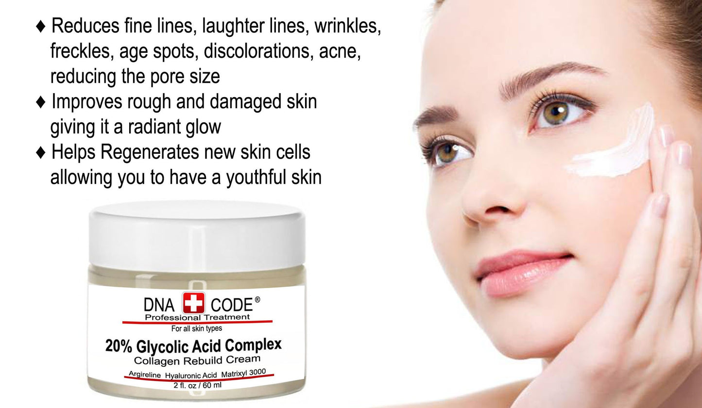 Crema Reafirmante con 20% de Ácido Glicólico para Rejuvenecimiento Facial con Colágeno, Argireline y CoQ10: ¡Reduce Arrugas y Aumenta Elasticidad!