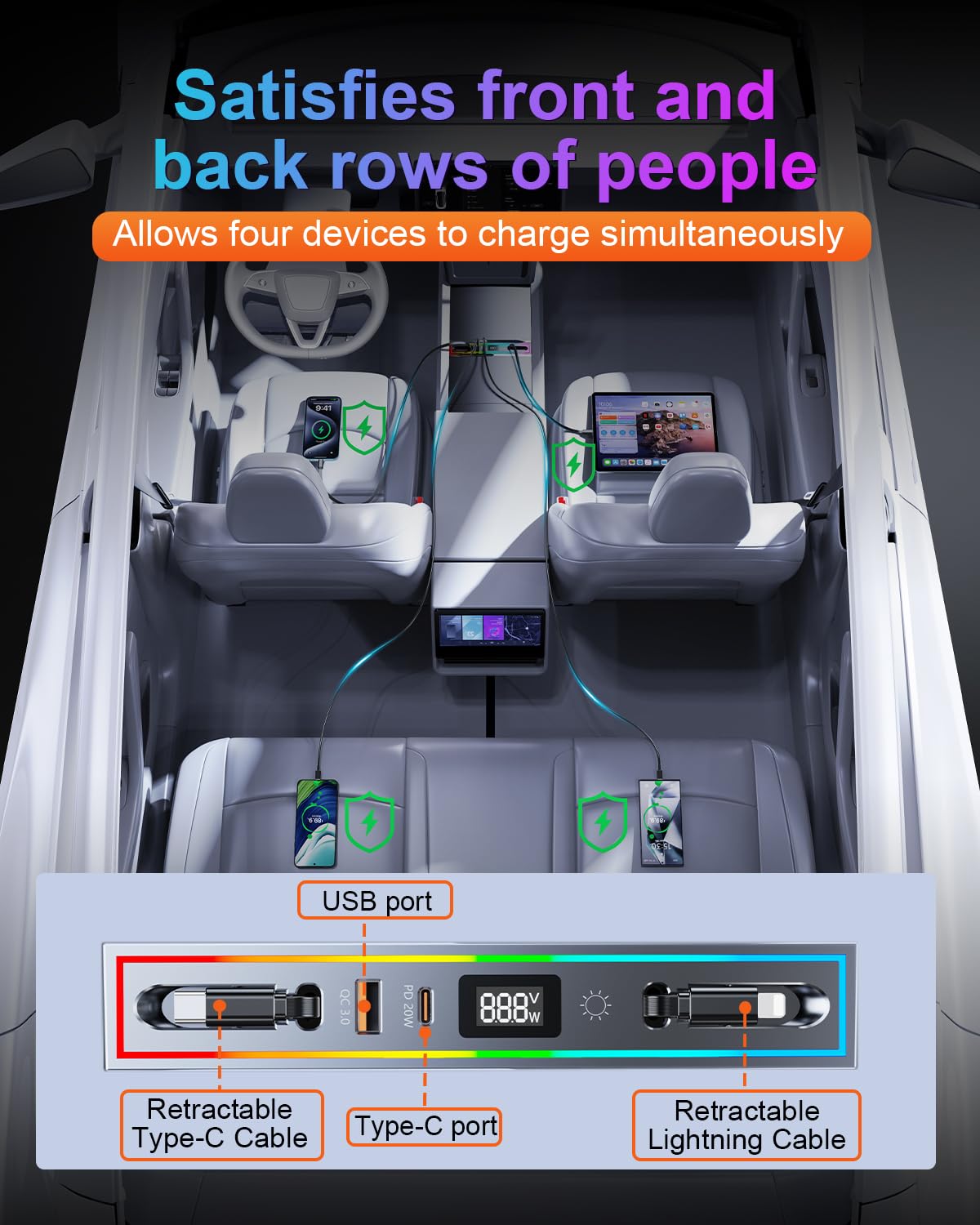 DICMKY Tesla Hub USB para modelo 3 Highland 2024-2025 y modelo Y Juniper 2026 con luz RGB, estación de acoplamiento de 4 puertos Tesla Regalos para hombres, Tesla Cargador de teléfono Tesla Hub de