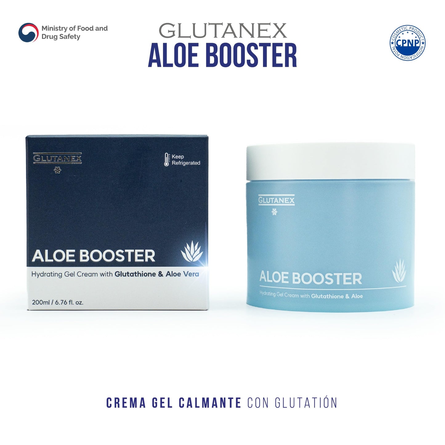 GLUTANEX™ ALOE BOOSTER Crema Gel Calmante, Hidratante, Reparadora y Antioxidante con Glutatión, PDRN de Salmón, Pantenol, Extracto de Aloe Vera y Triple Ácido Hialurónico (200ml.) De Corea del Sur.