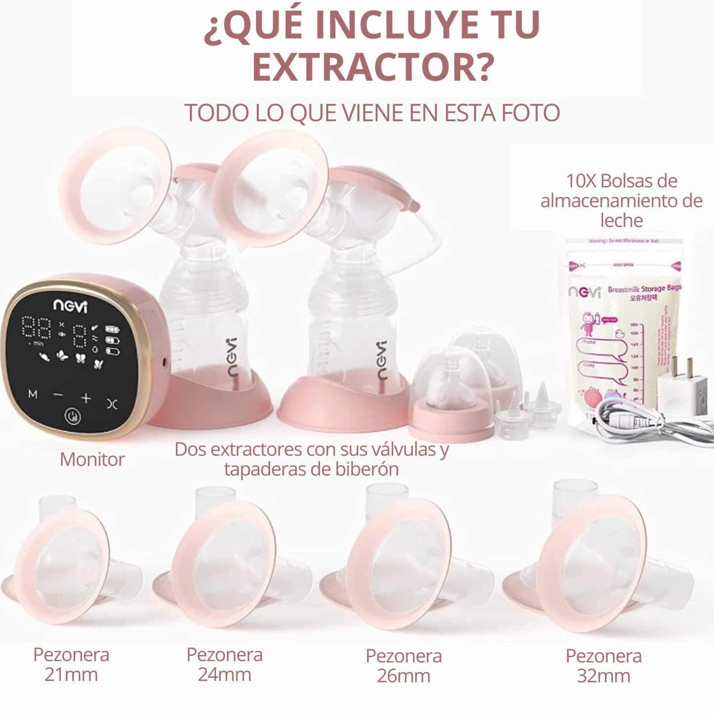 Extractor Eléctrico NeVI Blanco Doble Biberón Silencioso con 5 Modos y 9 Niveles de Velocidad