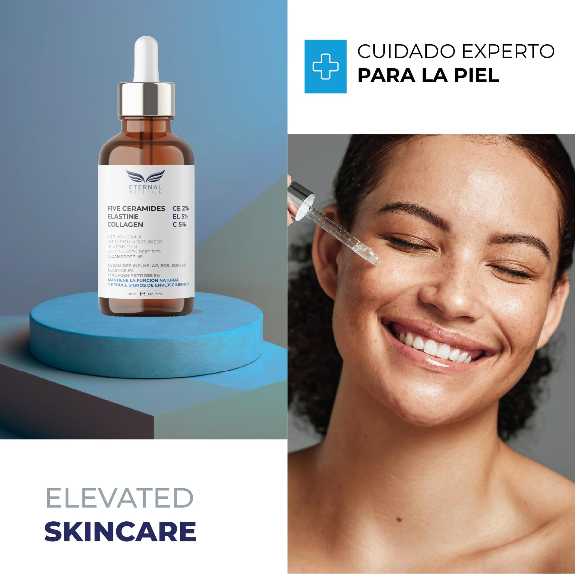 Serum FIVE CERAMIDES 2%, Elastine 5%, Collagen 5%. 50 ml. Suero Hidratante Contra Envejecimiento Célular | Ingredientes Naturales | Skin Care | Piel Sana y Joven Uniforme | Textura Ligera | Para Todo Tipo de Piel by ETERNAL NUTRITION