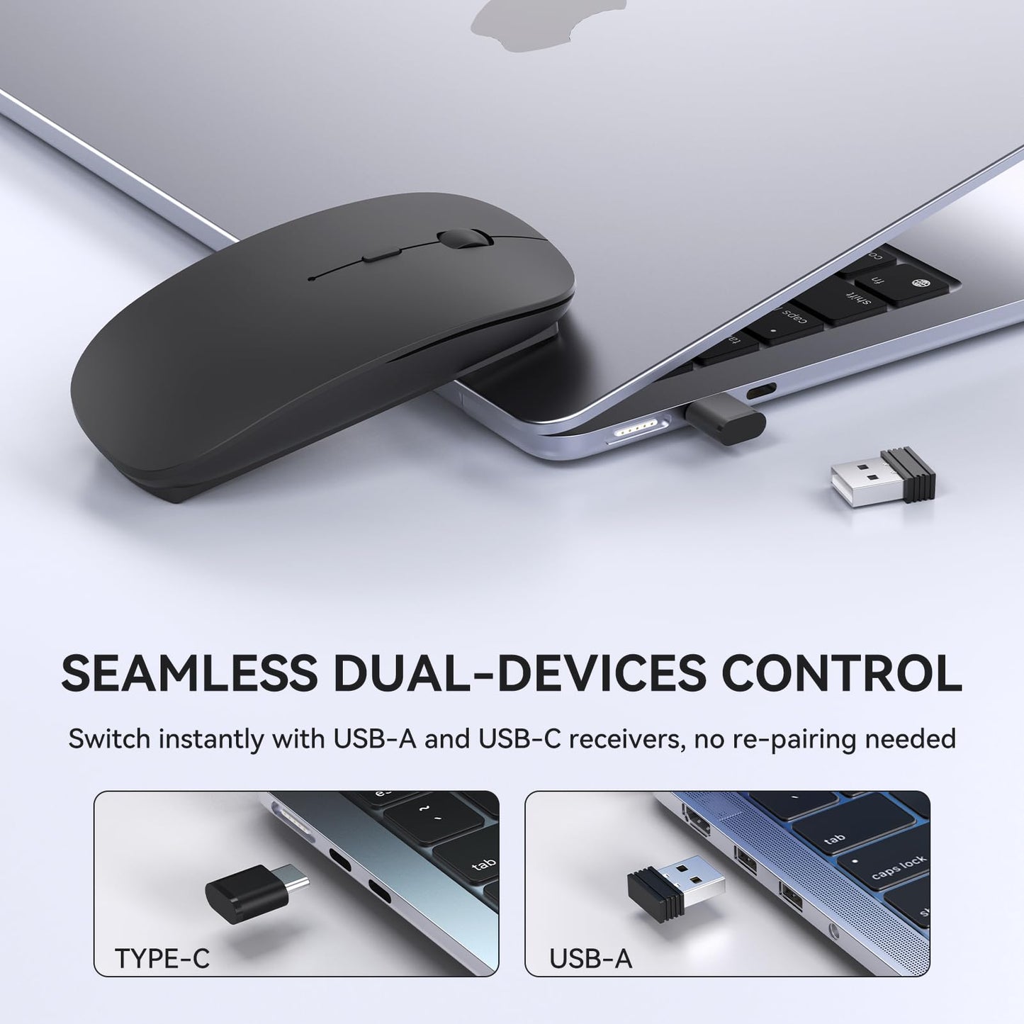 cimetech Ratón inalámbrico Receptor USB A y Tipo C, Clic silencioso, Recargable Tipo C, Revestimiento de Goma Suave al Tacto, ratón de Viaje Delgado para Ordenador portátil MacBook Air/Pro -Negro