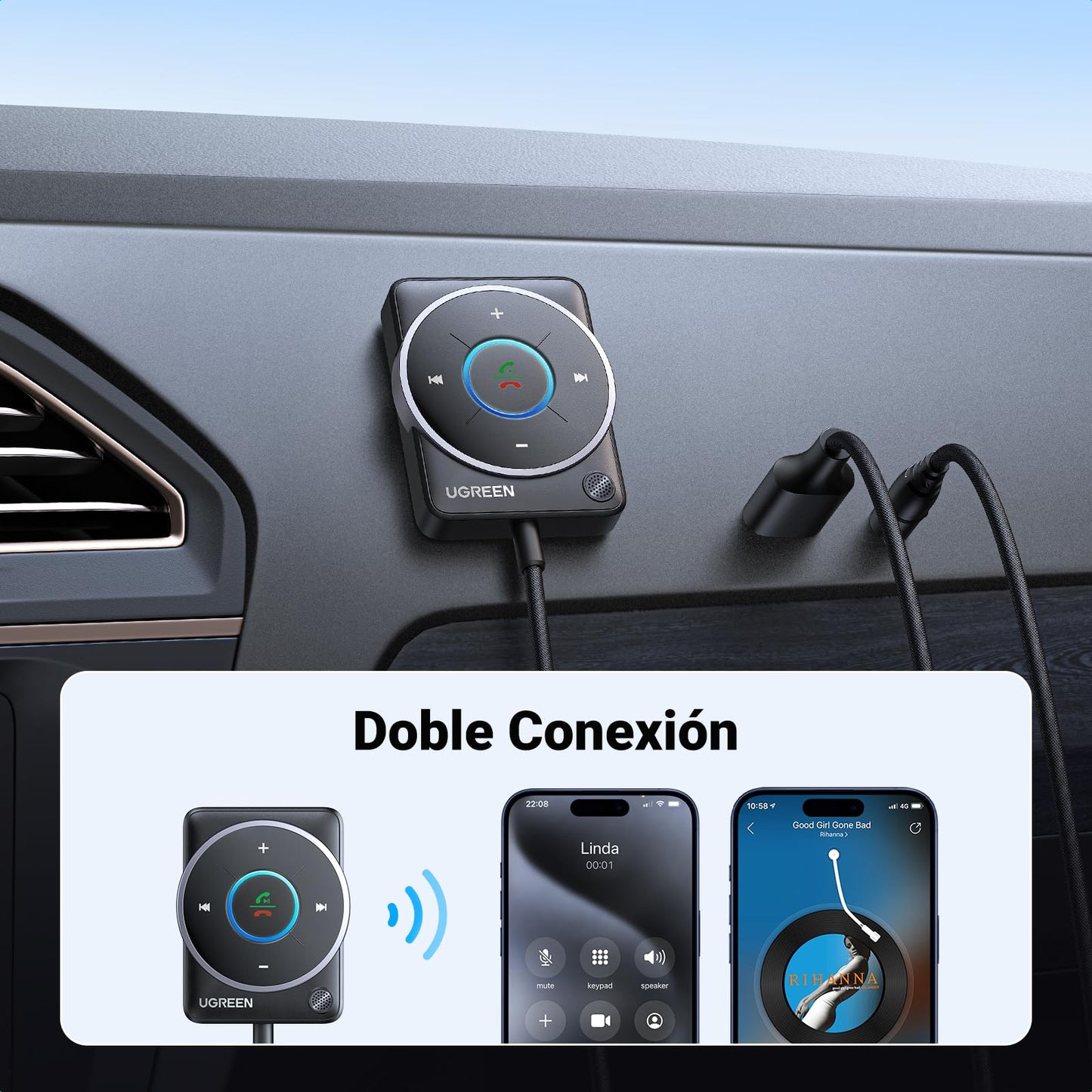 Adaptador Bluetooth UGREEN Negro Conexión Mejorada y Cancelación de Ruido para Auto