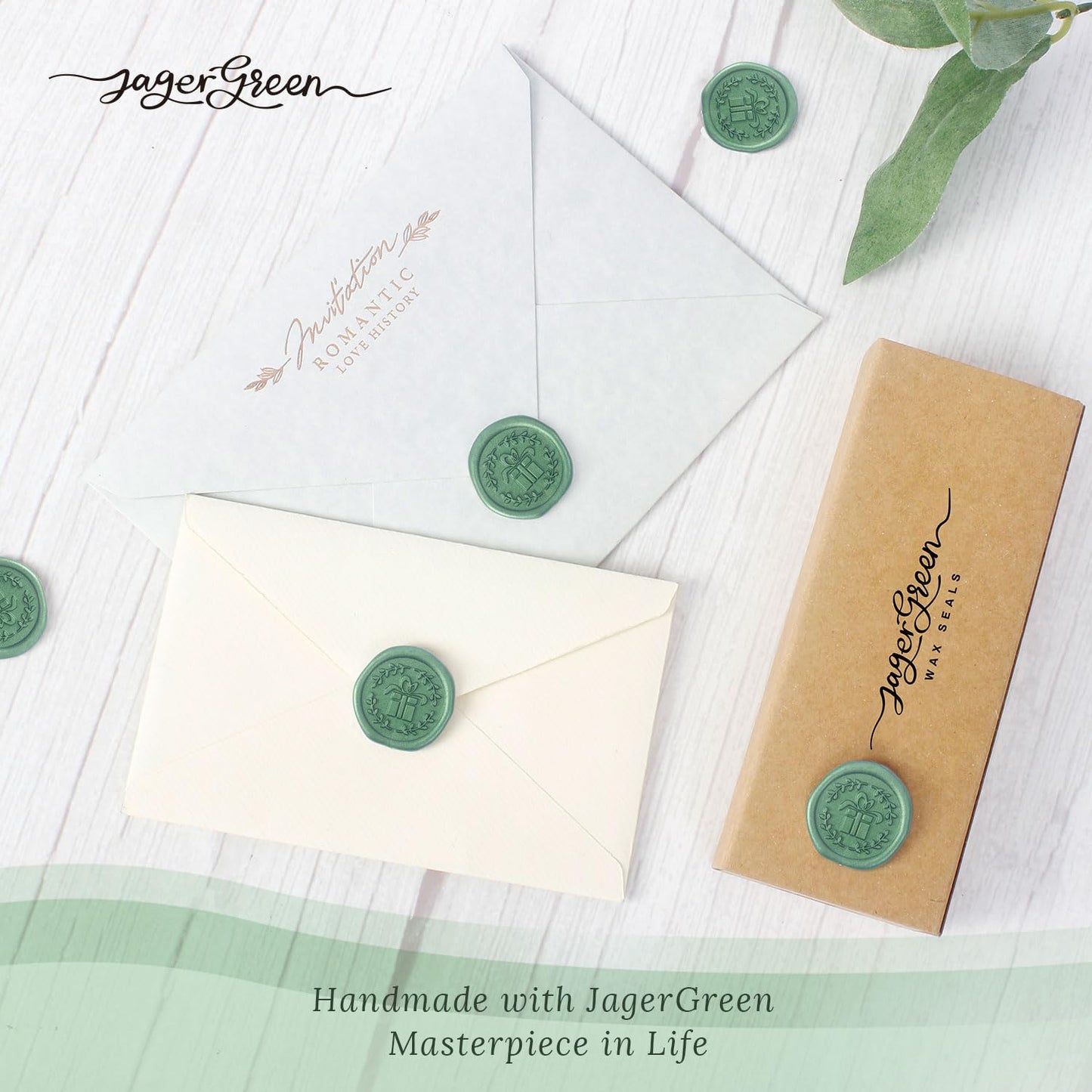 JAGERGREEN - Juego de pegatinas de cera con varios patrones de sellos, calcomanía verde para invitaciones de boda, personalizable, sellador de sobres, regalo de Navidad (regalo, 60 piezas)