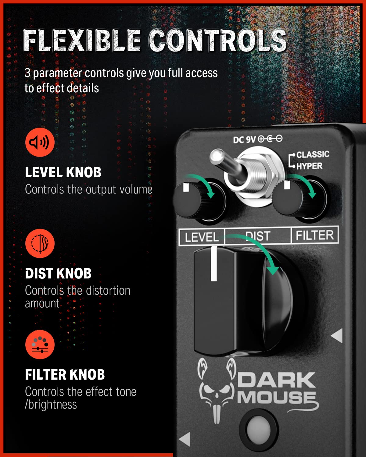 Donner - Pedal de distorsión de mouse oscuro para pedalera, guitarra eléctrica, 2 modos, clásico hiper crujiente a borrosa, pedal de guitarra True Bypass