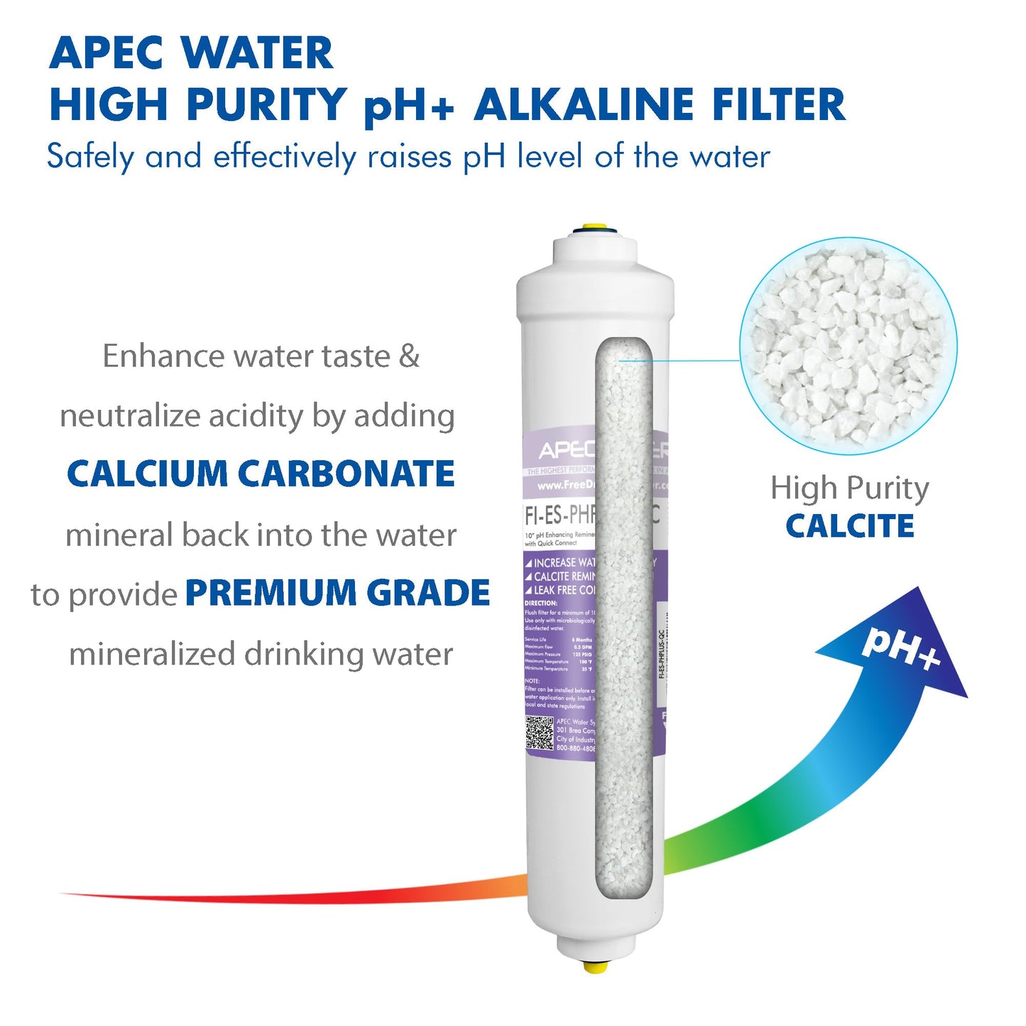 Kit de Filtro en Línea APEC PHPLUSKIT-14 Alcalino Alta Pureza pH + Carbonato de Calcio Conexión Rápida 1/4 Pulgadas Fabricado en EE. UU.