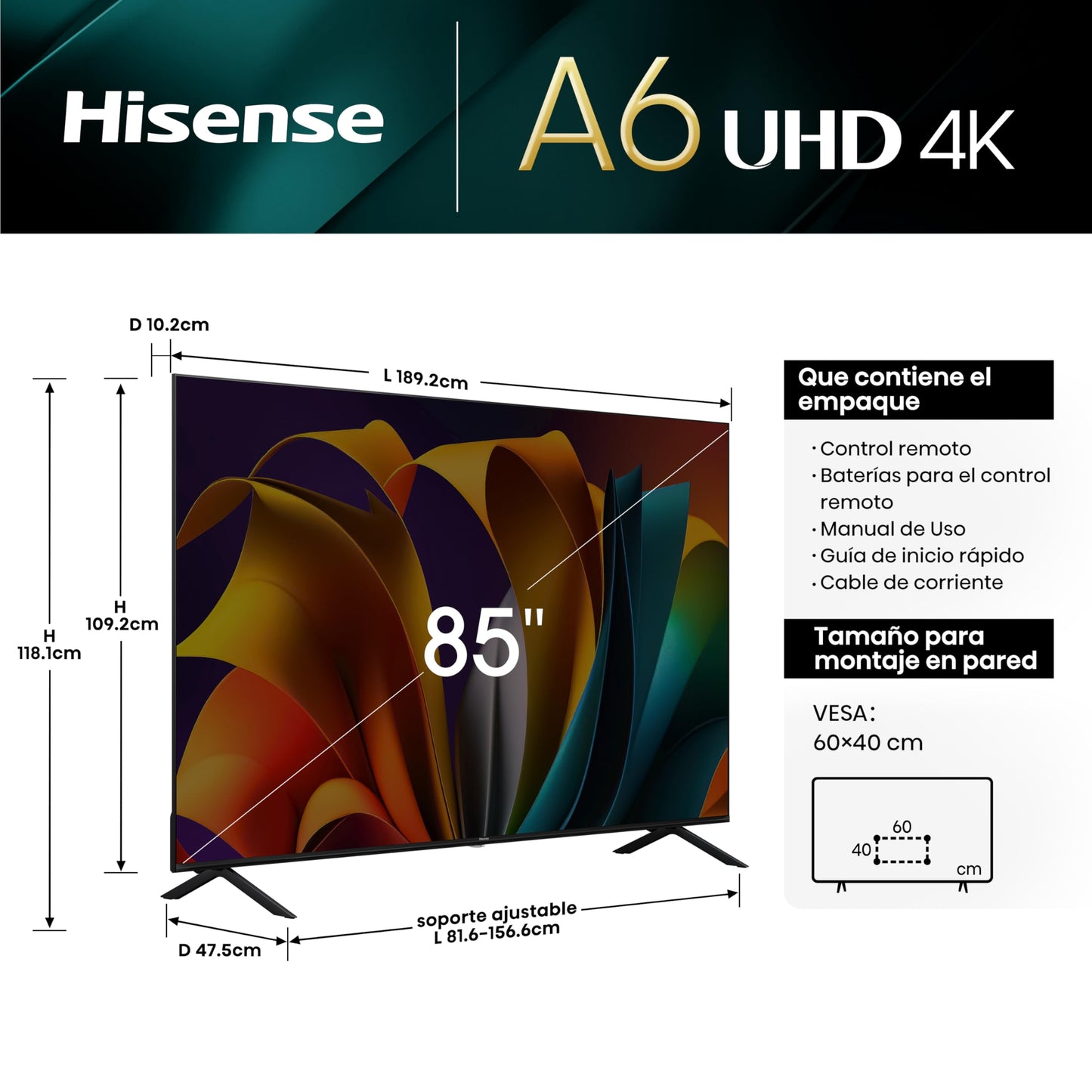 Hisense Television A6N Pantalla 85 Pulgadas, Smart Google TV UHD 4K,Control Remoto por Voz con Alexa, Dolby Vision, Amplia Gama de Colores, Modo de Juego Plus, ALLM,mira TV en Vivo sin Cable