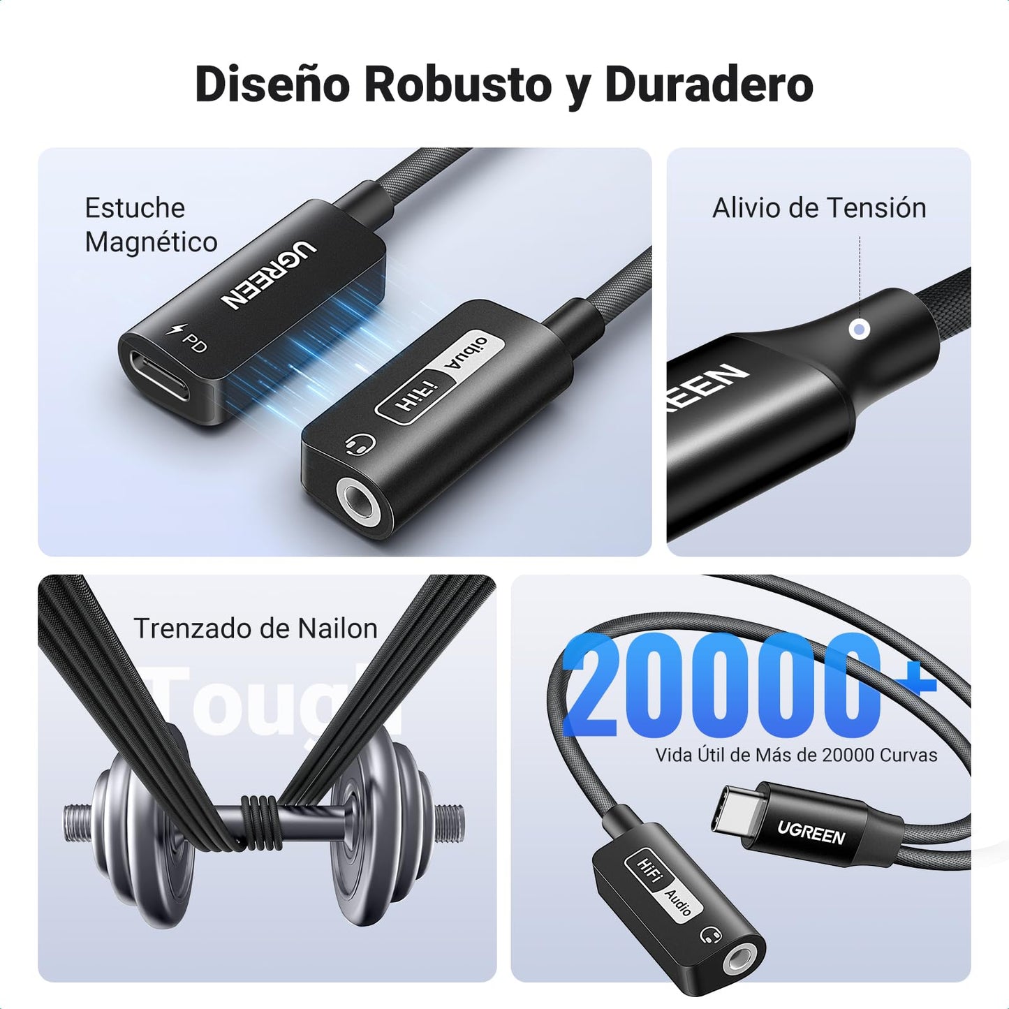 Adaptador USB C UGREEN 60W PD Magnético para Auriculares en Negro, Carga Rápida y Hi-Res 32bit/384kHz