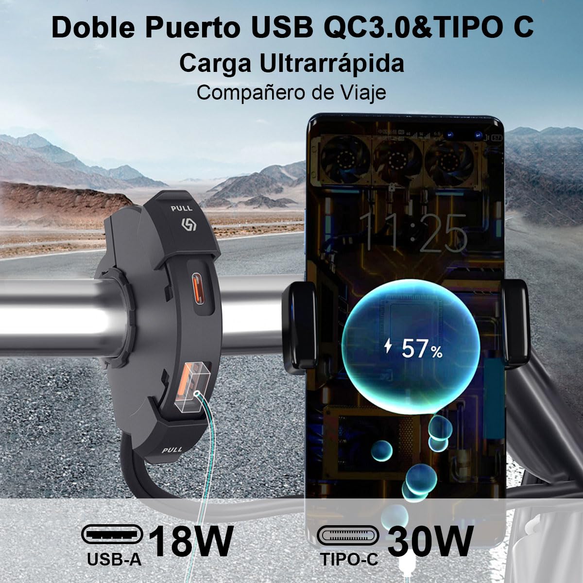ADILIKADII Cargador de Teléfono para Motocicleta de 30W Tipo C PD y 18W USB A, Cargador Rápido Impermeable IP65 con Doble USB Carga Rápida, Accesorios para Motocicleta de Celulares Móviles Cámaras GPS