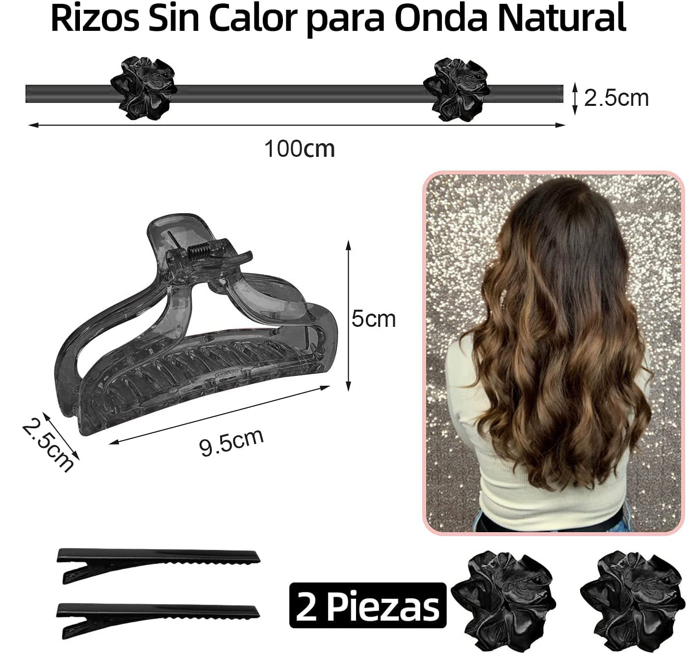 Rizos Sin Calor para Onda Natural, Rizadores de Cabello Sin Calor con Pinzas para el Cabello y Coletero para Cabello Largo, Kit de Herramientas para Peinar el Cabello de Seda Suave, Sin Daños, Sin Calor (Negro)