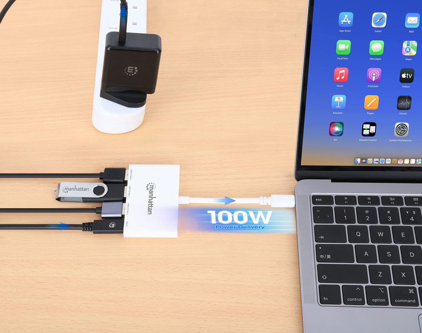 Manhattan 168434 - Hub USB-C 3.2 Gen 1 de 3 Puertos con Carga de 100 W