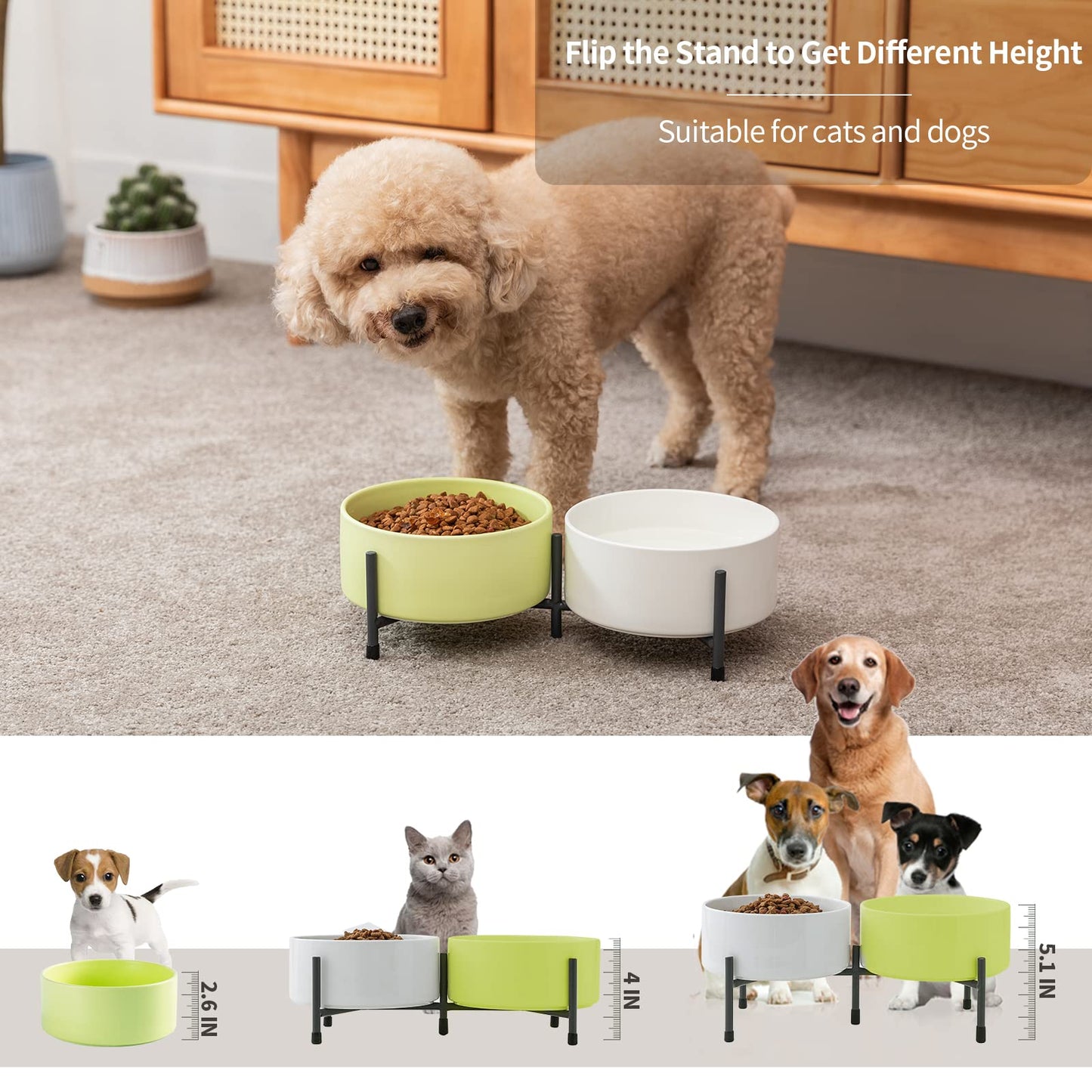 AOMRYOM Cuenco de cerámica para perros y gatos de 32 onzas con soporte de metal elevado, plato de cerámica para mascotas de 6 pulgadas para comida y agua, cuencos de alimentación para mascotas para gatos y perros, juego de 2 (blanco y verde claro)