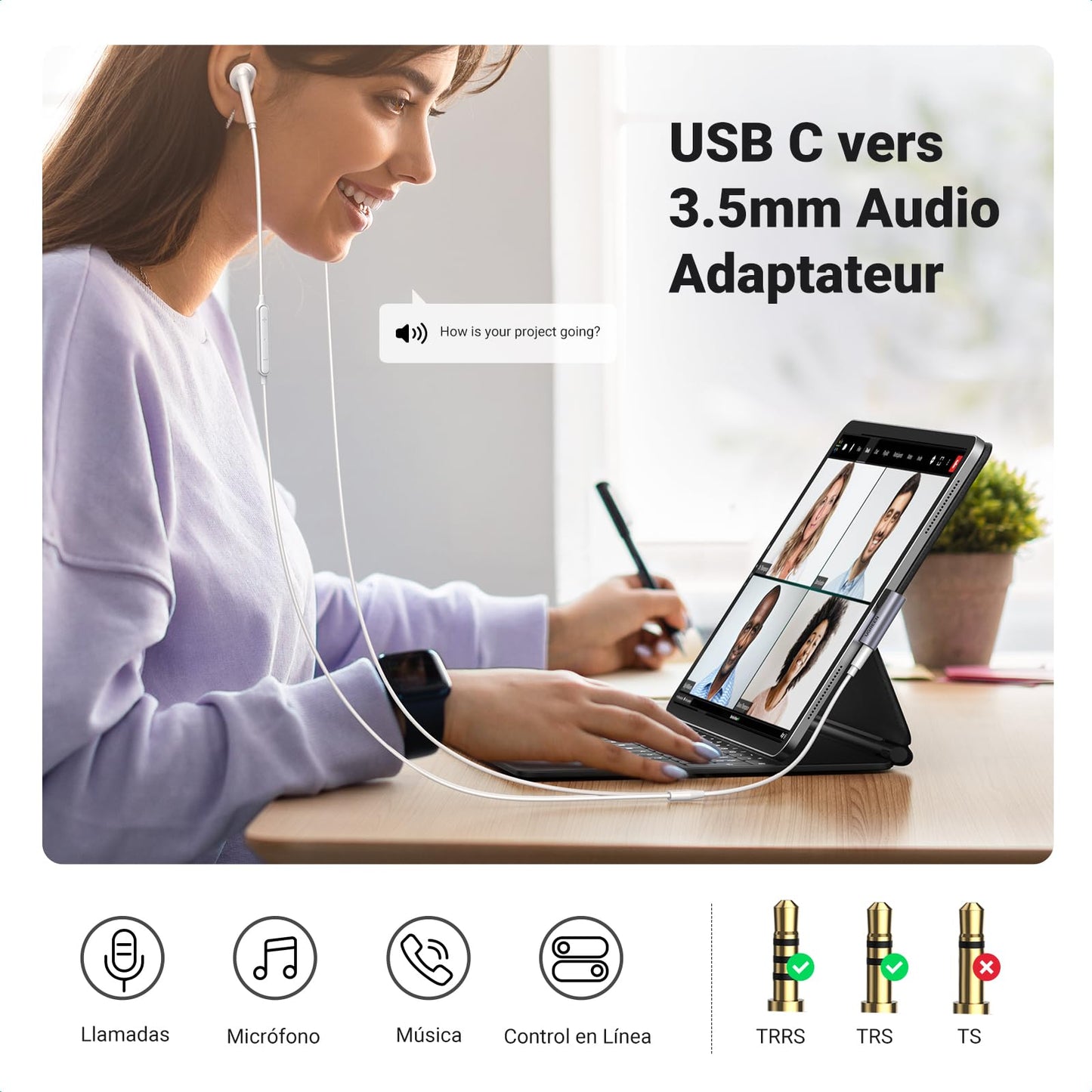 Adaptador USB C UGREEN Gris con Chip DAC y Ángulo de 90 Grados para Auriculares
