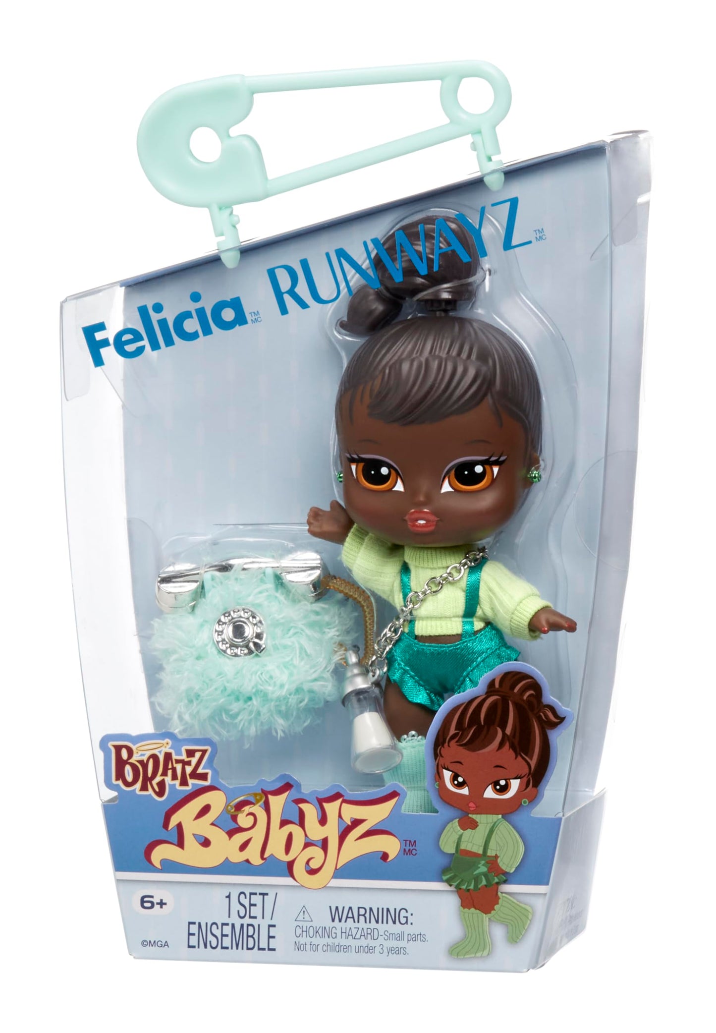 Bratz Muñeca Babyz Runwayz - Felicia - Coleccionable con Accesorios - Incluye un Collar Que Funciona como Llavero - Regalo Ideal para Niñas