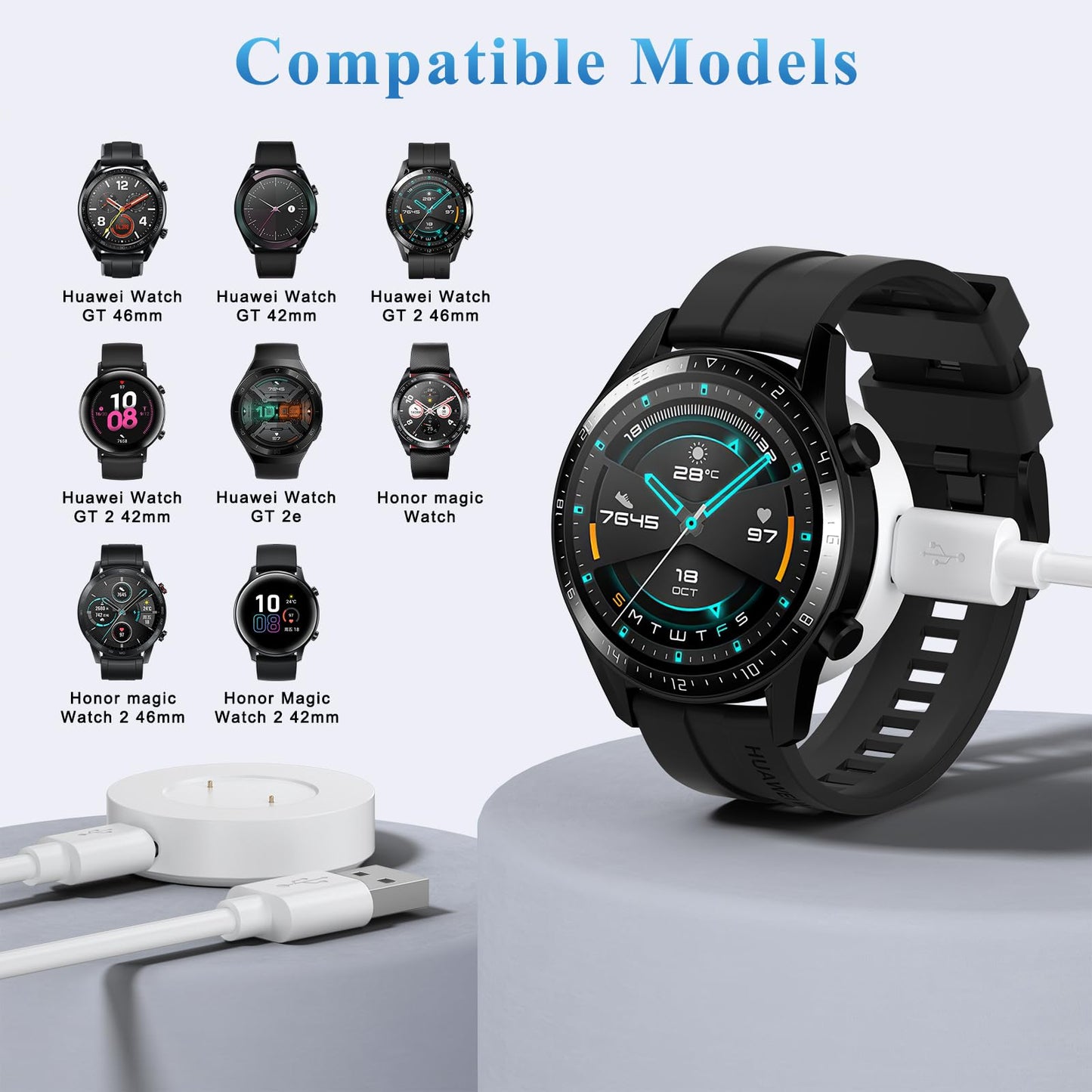 Vancle Cargador para Huawei Watch GT/GT 2/GT 2e, Honor Watch Magic/Magic 2, Honor Watch Dream, Cable de Carga USB 100CM, Blanco