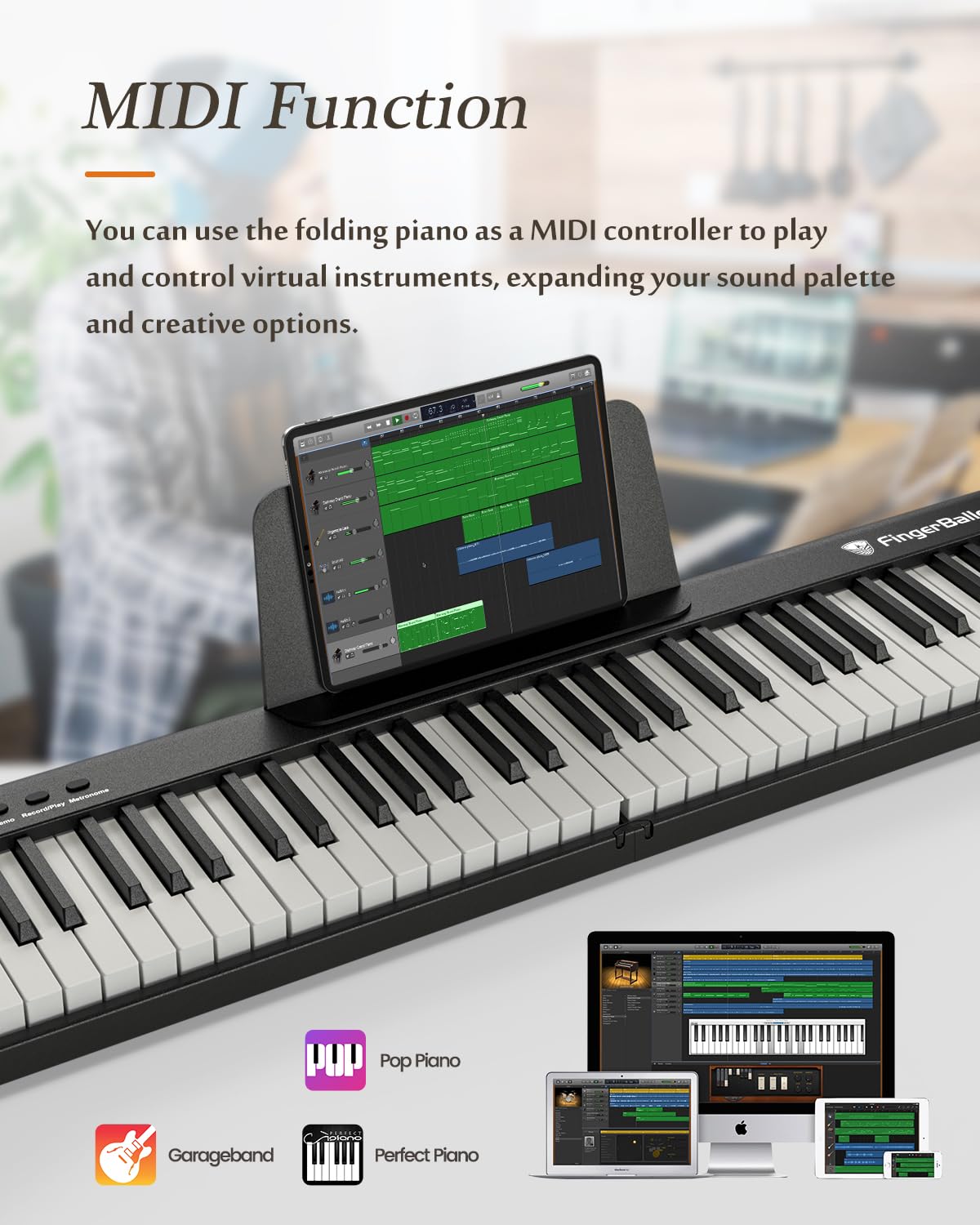 FingerBallet - Teclado de piano portátil con doble peso para piano digital de 88 teclas, tamaño completo, grano de madera, teclado de piano eléctrico con Bluetooth MIDI, adecuado para adultos, niños