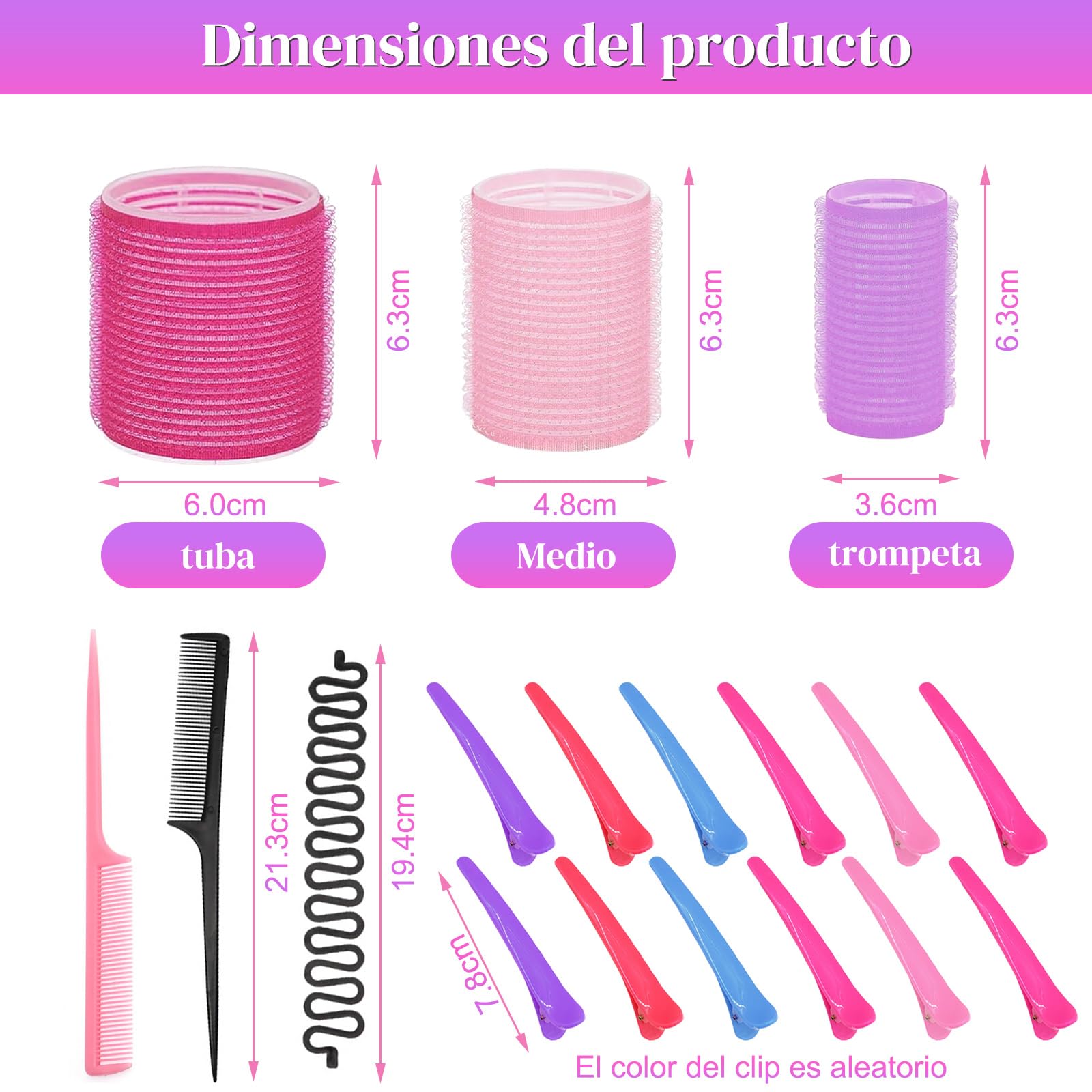 Tubos para Rizar Cabello, 33PCS Rizador de pelo sin calor, tubo de plástico rizador, autodisparador para pelo largo, medio y corto, 3 tamaños. (Rosa03)