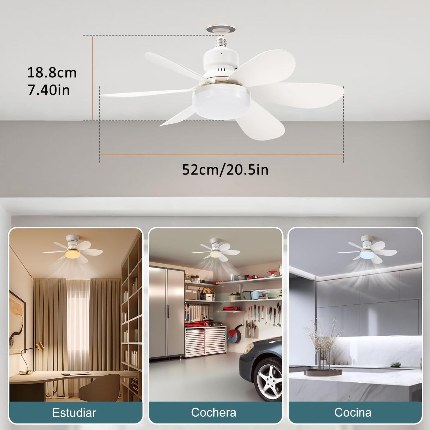 Ventilador de techo con luz y control remoto, 40W E26/E27 ventilador con luz led de techo, ventilux de techo moderno inteligente, 3000K-6500K/luminosidad regulable y 3 velocidades (20,5 pulgadas)
